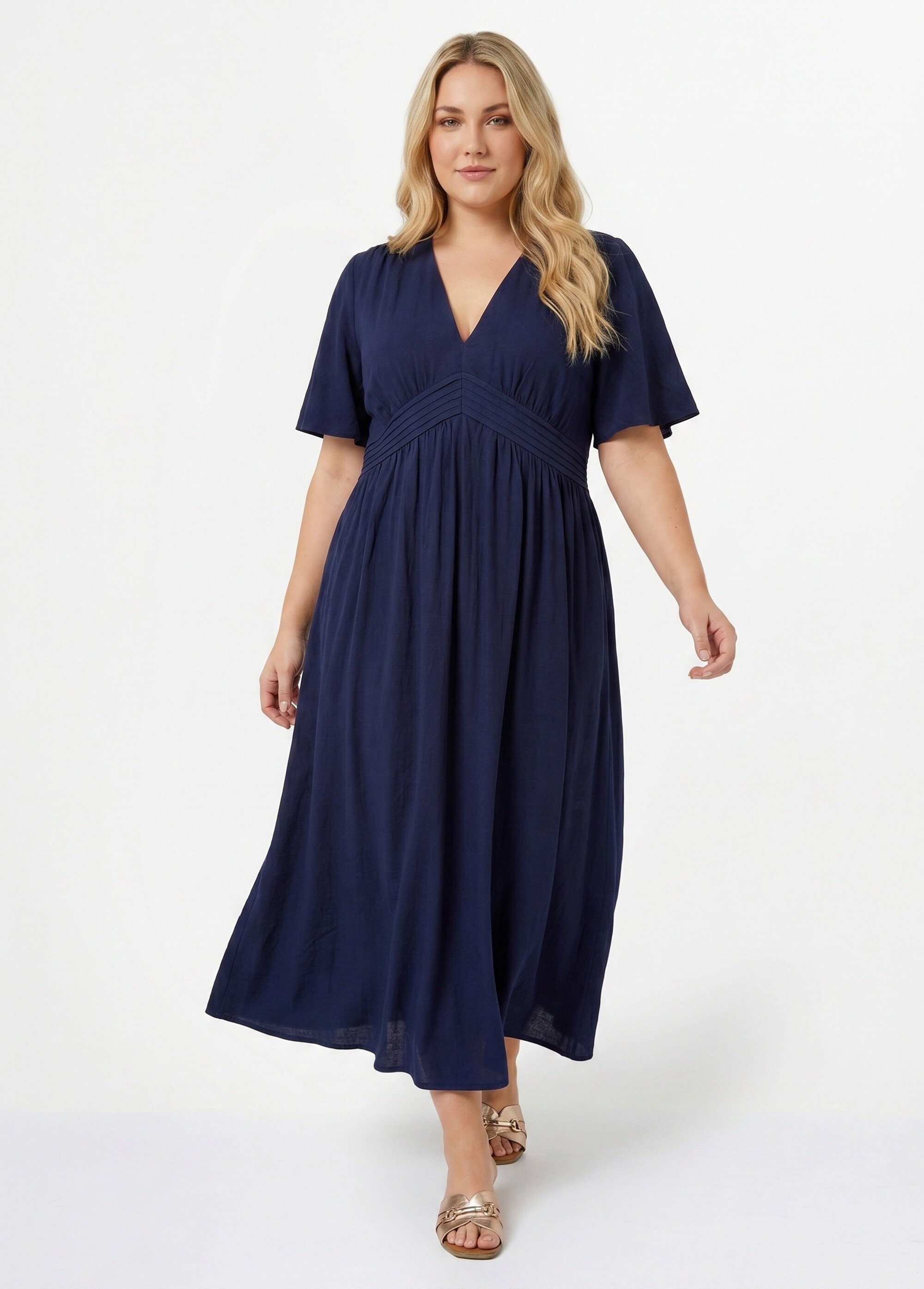 Robe longue taille haute plissée, col V Femme Grande Taille Bleu MA-M1107-2196 MV1