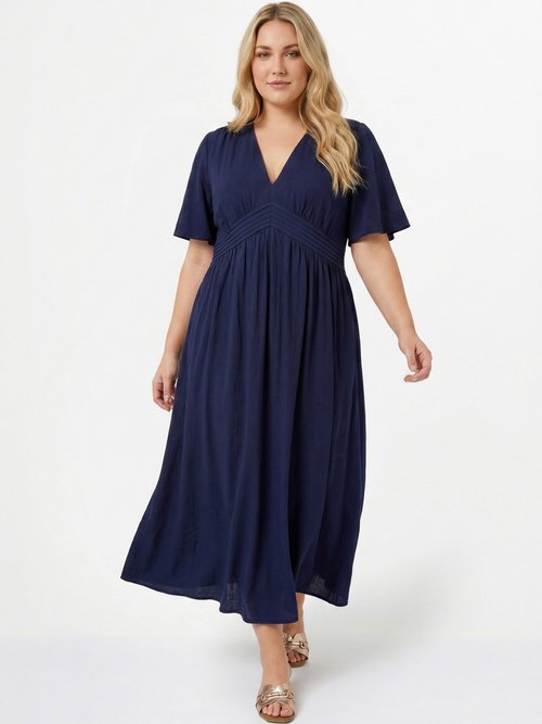 Robe longue taille haute plissée, col V Femme Grande Taille Bleu MA-M1107-2196 MV1