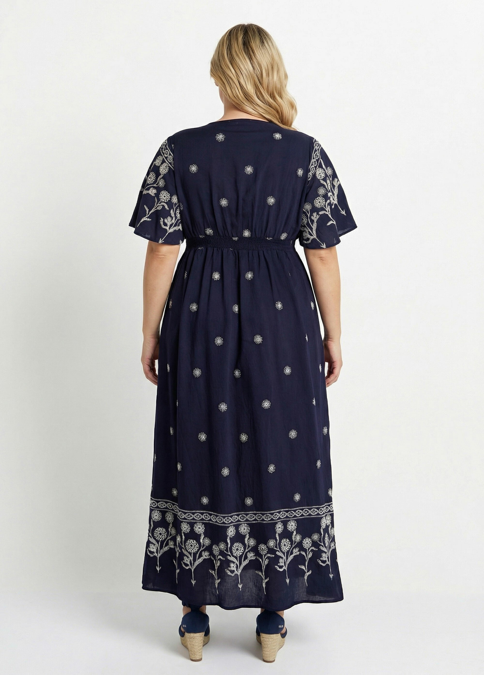 Robe longue unie, broderies ethniques Femme Grande Taille Bleu MA-1139-2332 DO1