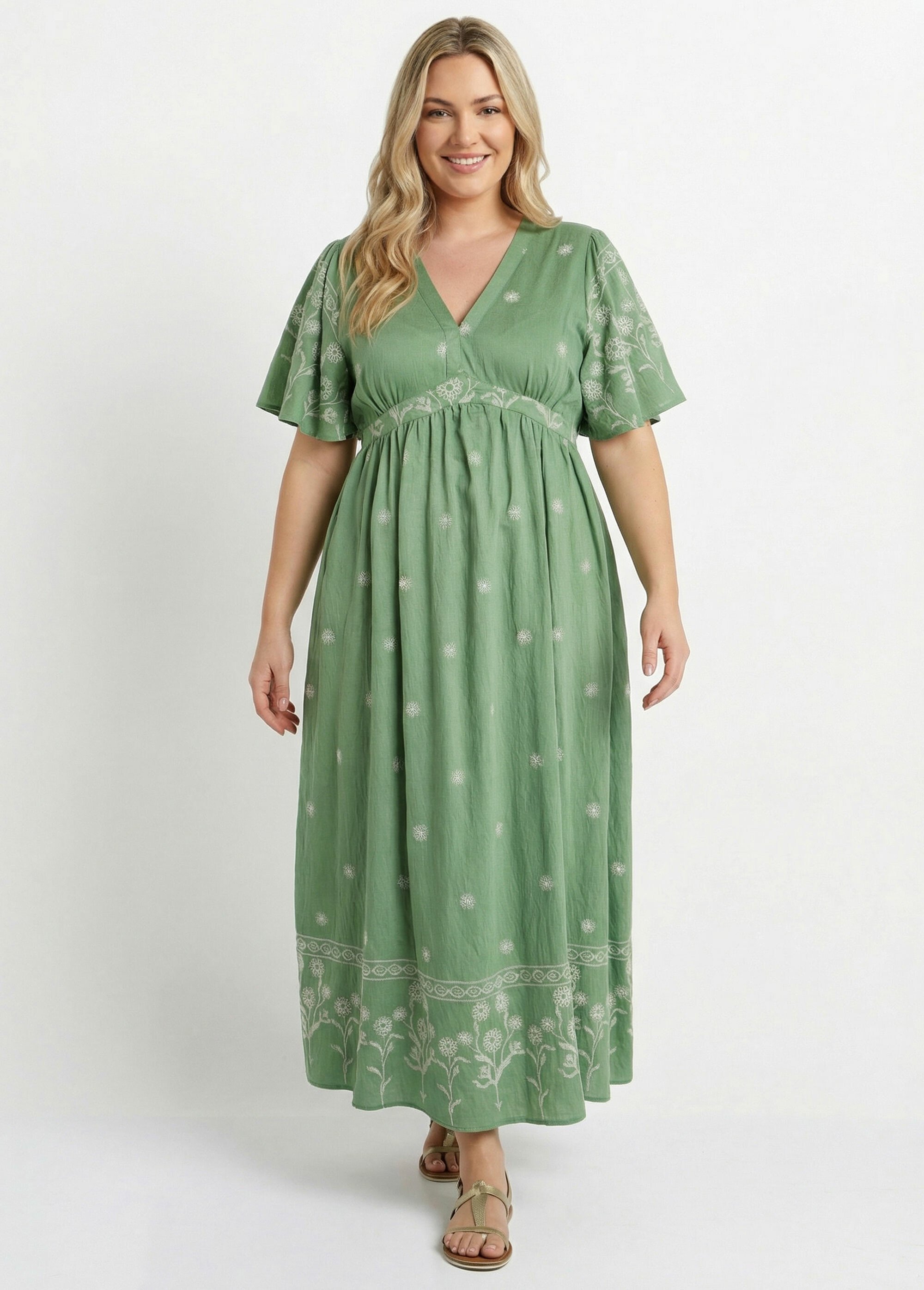 Robe longue unie, broderies ethniques Femme Grande Taille Vert MA-1139-2332 FA1