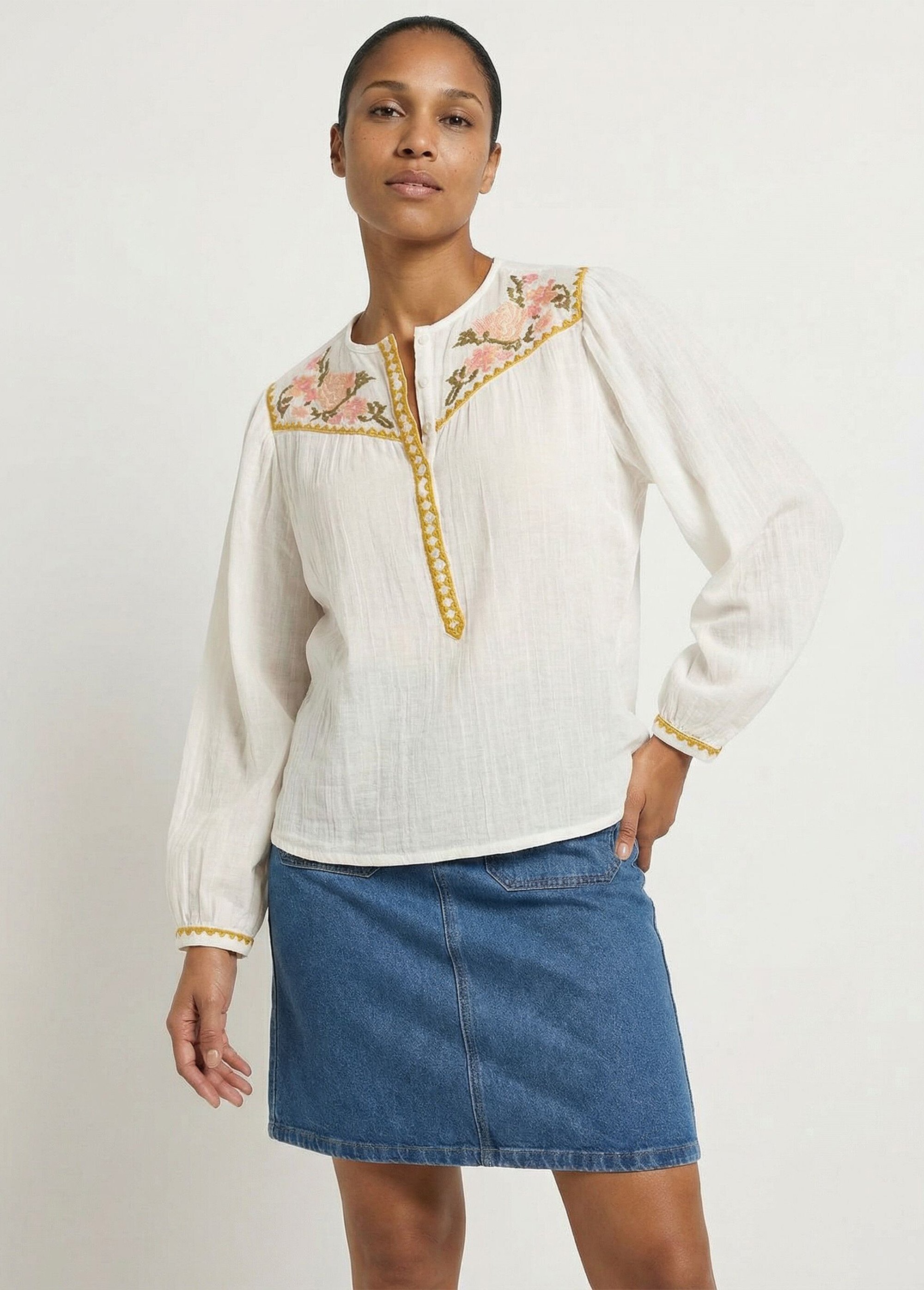 Tunique brodée ample gaze de coton boutonnée Femme Blanc CAPRIA MV1