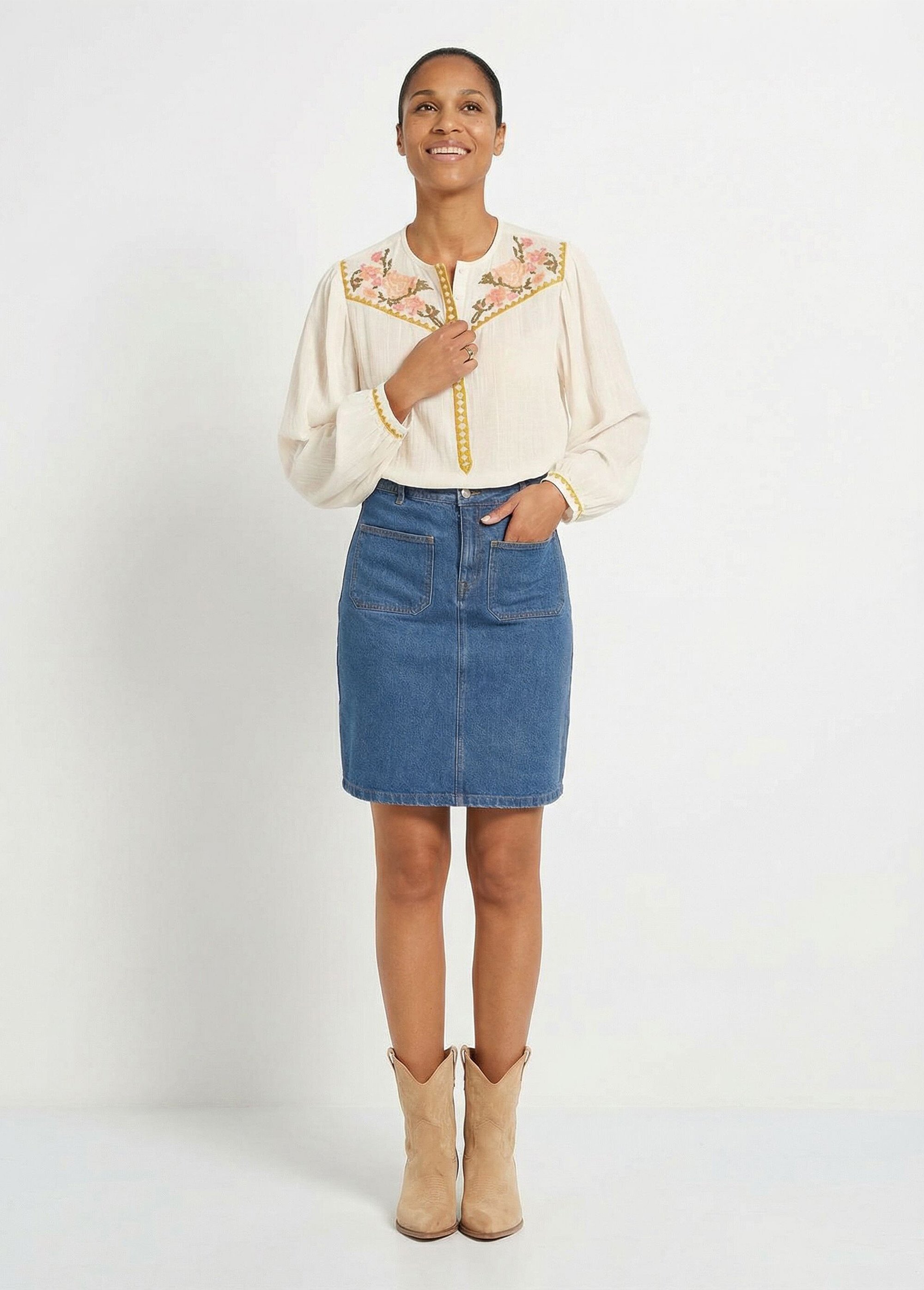 Tunique brodée ample gaze de coton boutonnée Femme Blanc CAPRIA SF1