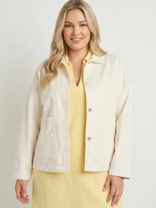 Veste twill, détails brodés motif fleurs Femme Grande Taille Beige MA-M1223-1855 FA1