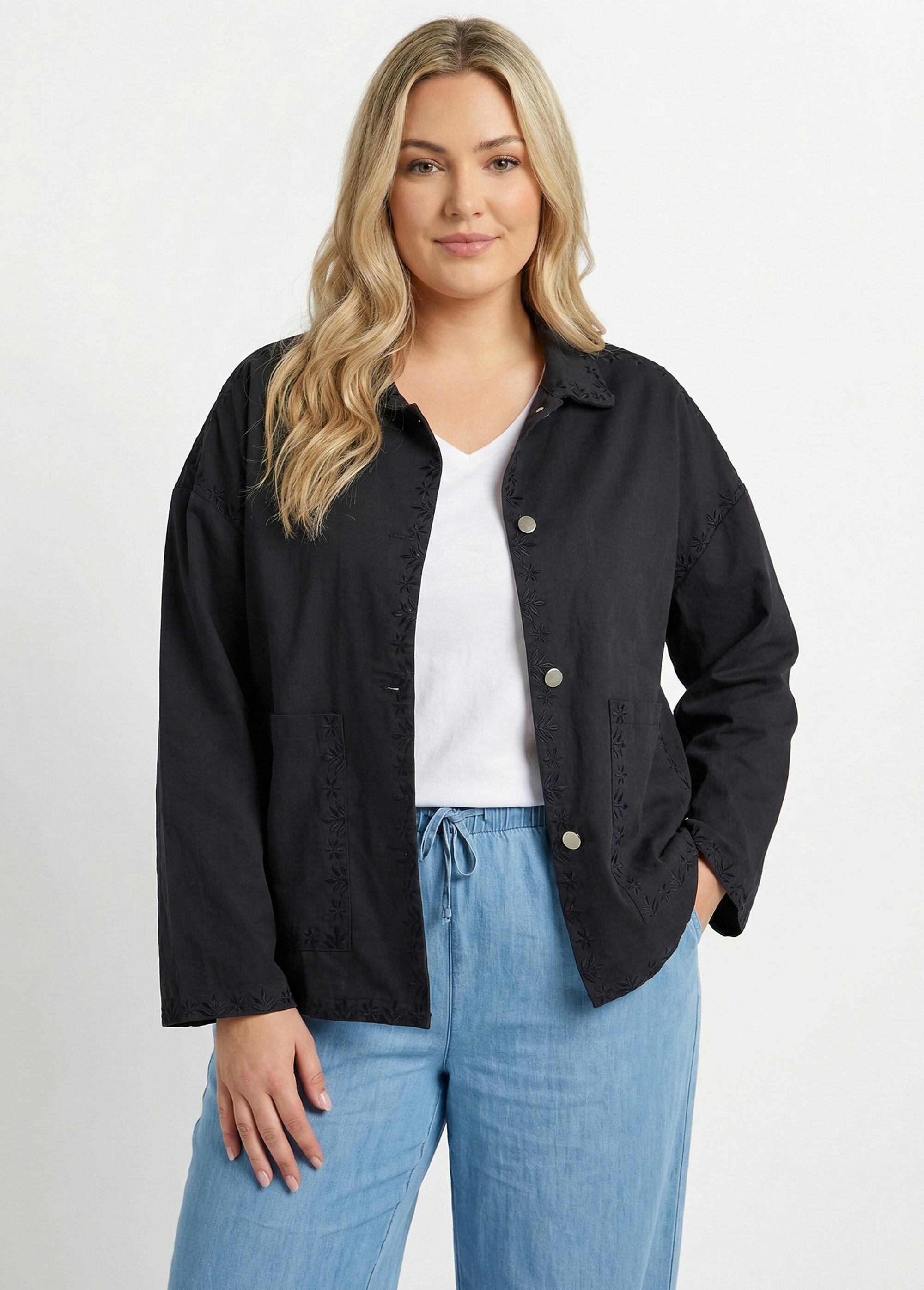 Veste twill, détails brodés motif fleurs Femme Grande Taille Bleu MA-M1223-1855 FA1