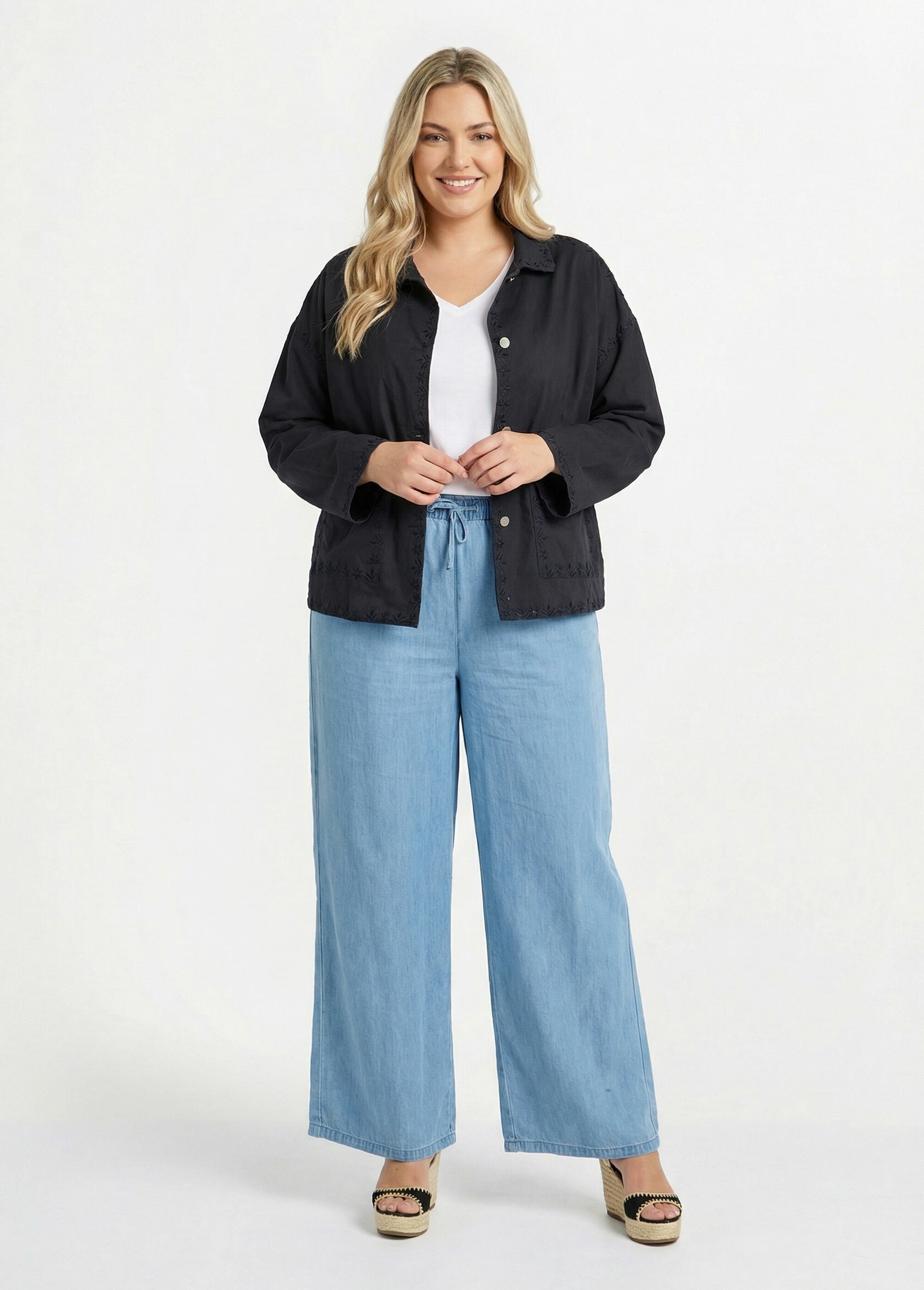 Veste twill, détails brodés motif fleurs Femme Grande Taille Bleu MA-M1223-1855 SF1