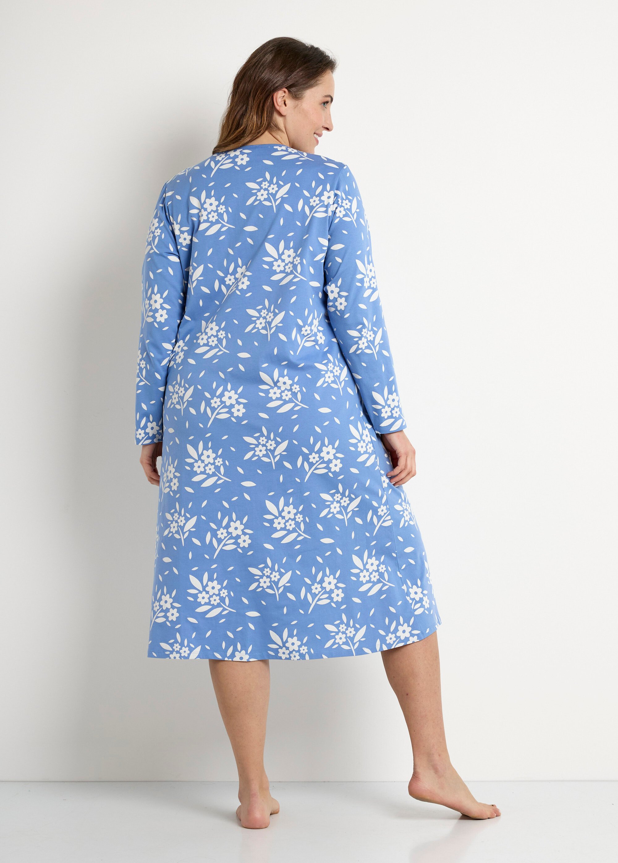 Chemise de nuit boutonnée coton mi longue fleurie