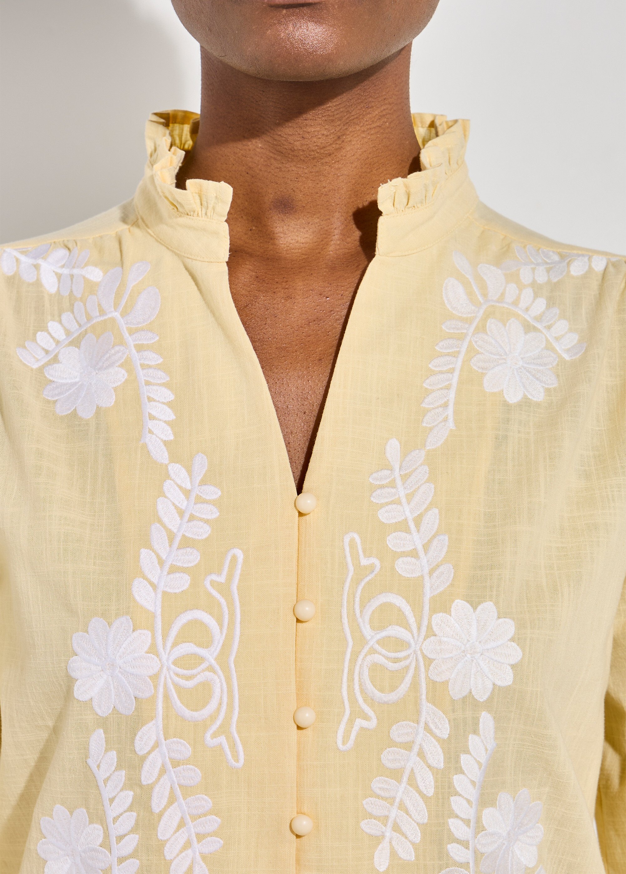 Chemisier brodé boutonné col volanté Femme Jaune CALVANE DE1