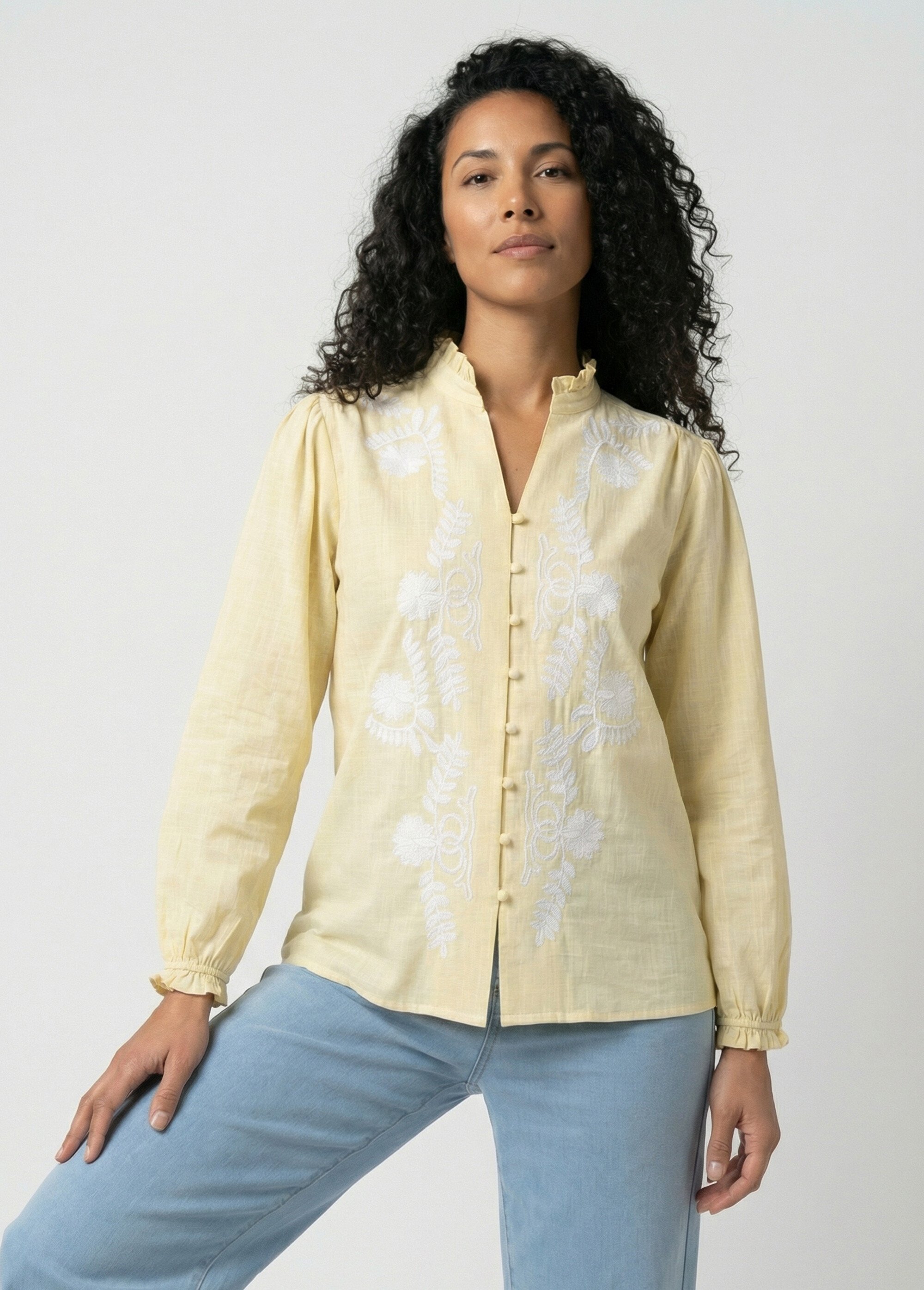 Chemisier brodé boutonné col volanté Femme Jaune CALVANE FA1