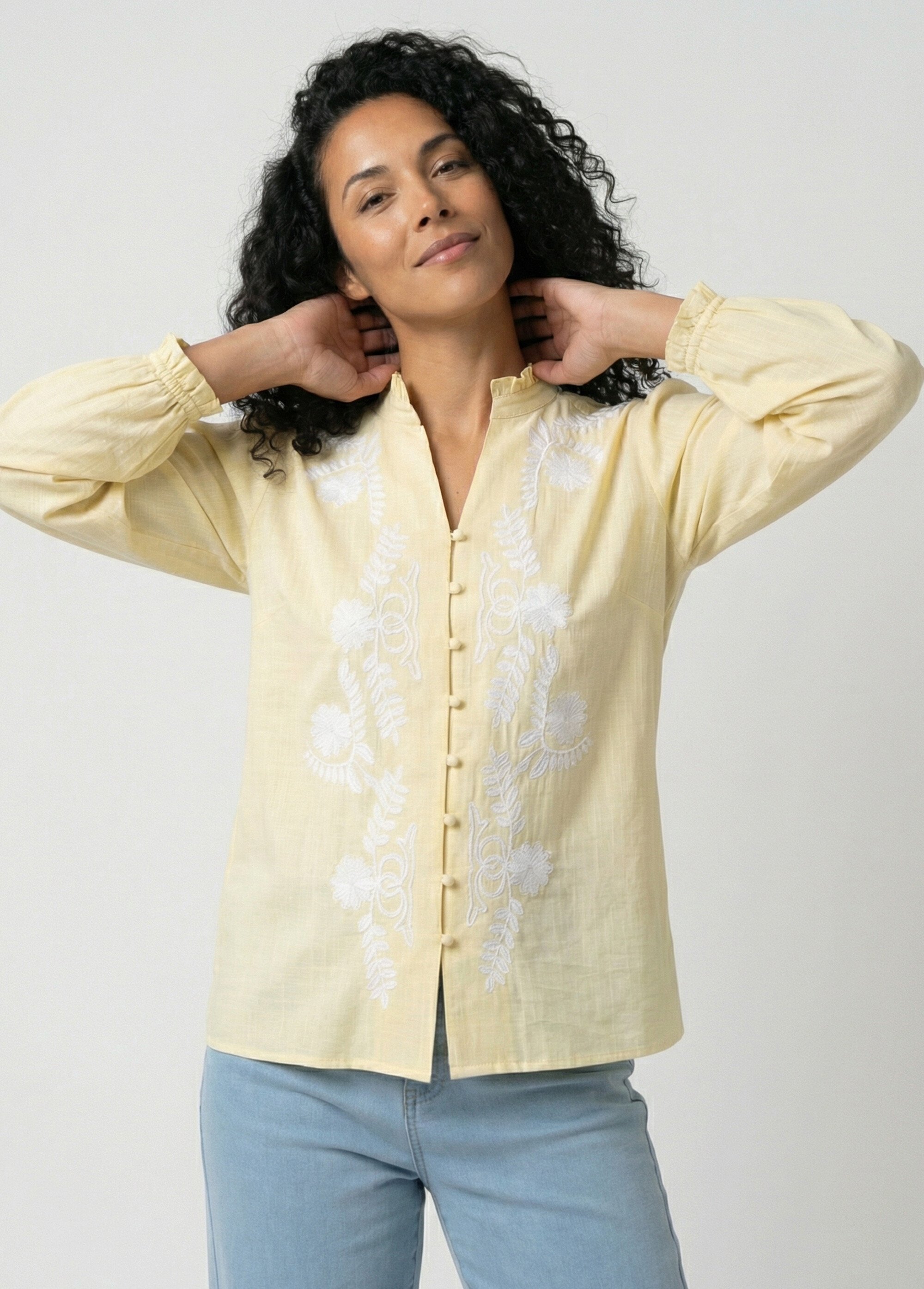Chemisier brodé boutonné col volanté Femme Jaune CALVANE MV1