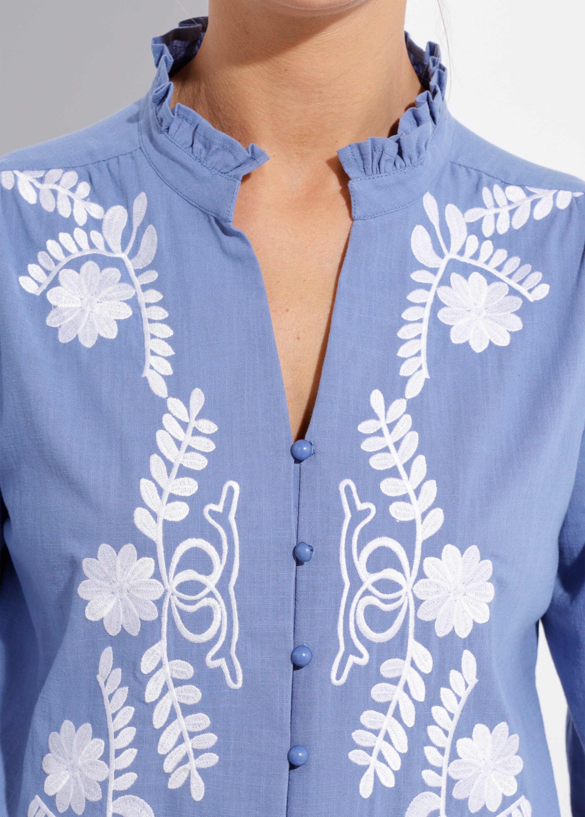 Chemisier brodé boutonné col volanté Femme Bleu CALVANE DE1