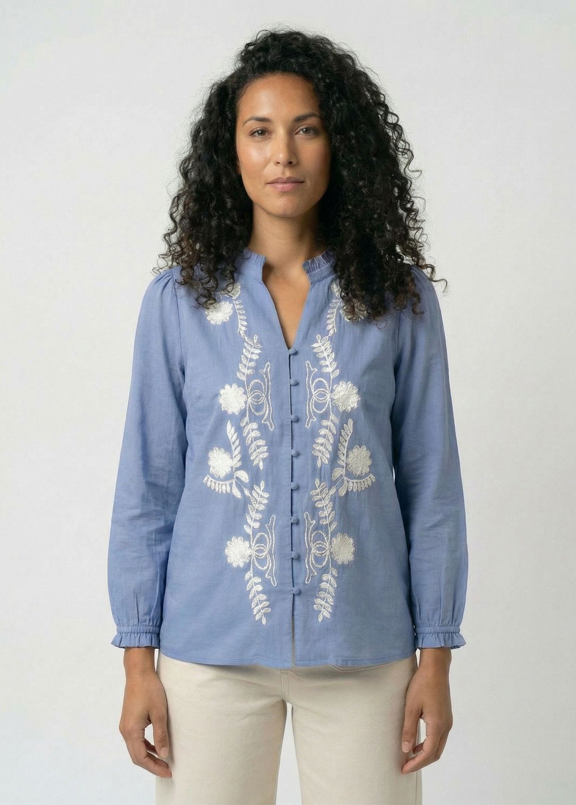 Chemisier brodé boutonné col volanté Femme Bleu CALVANE FA1