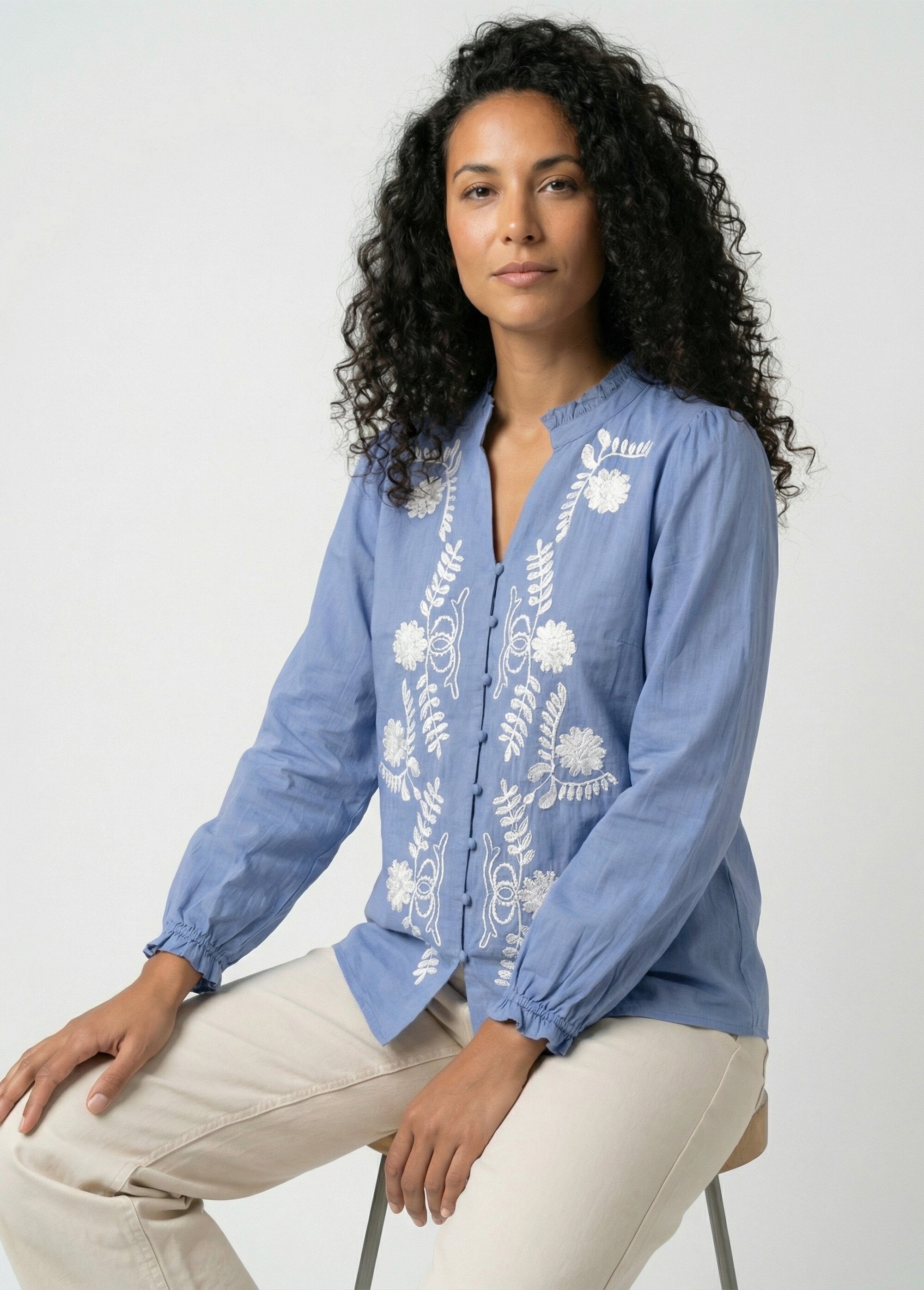 Chemisier brodé boutonné col volanté Femme Bleu CALVANE MV1