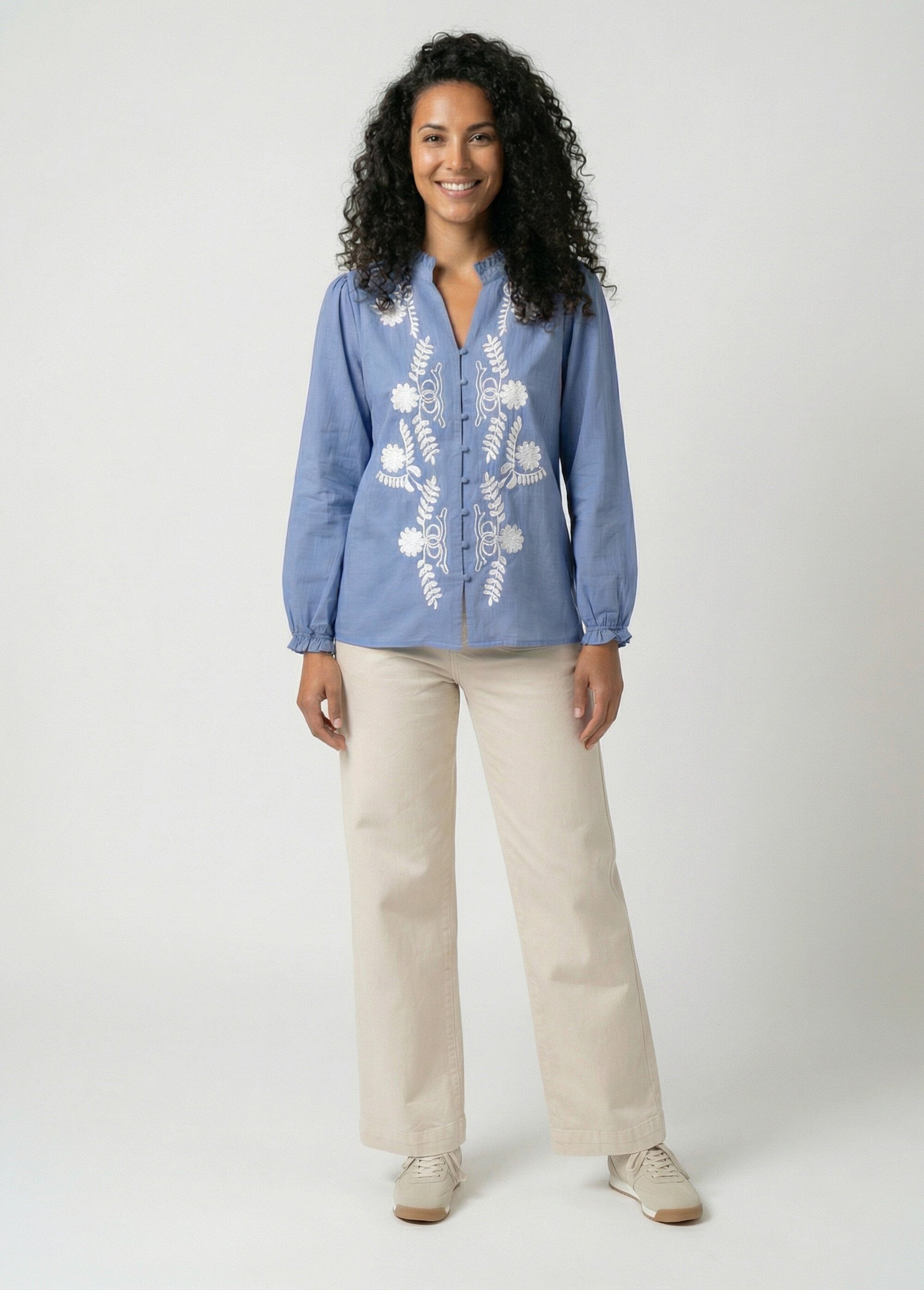 Chemisier brodé boutonné col volanté Femme Bleu CALVANE SF1