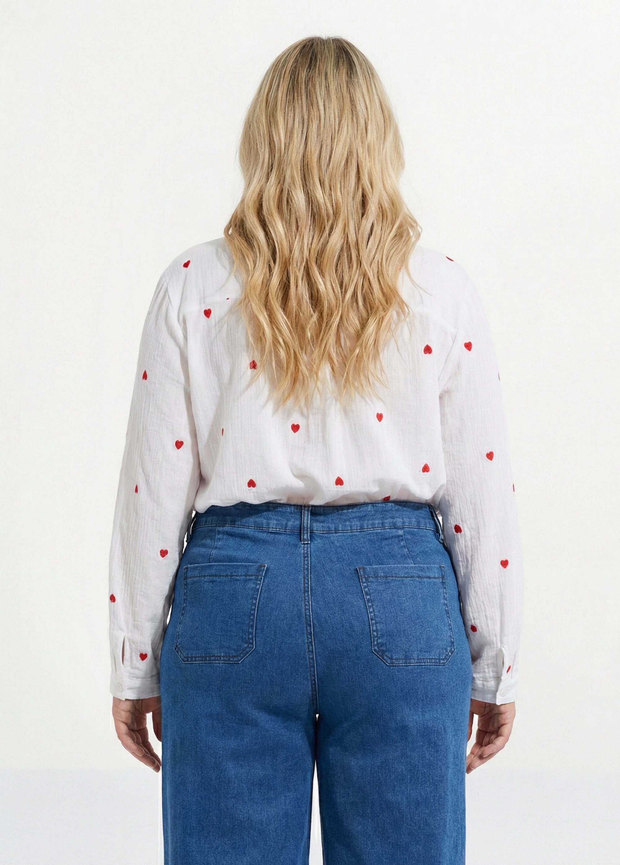 Chemisier cœurs brodés en gaze de coton Femme Grande Taille Rouge MA-008-1114 DO1