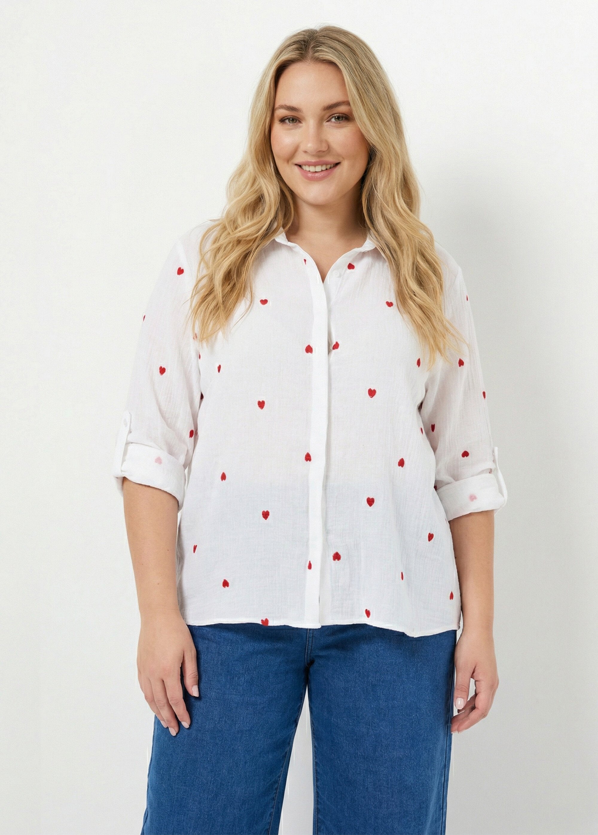 Chemisier cœurs brodés en gaze de coton Femme Grande Taille Rouge MA-008-1114 FA1