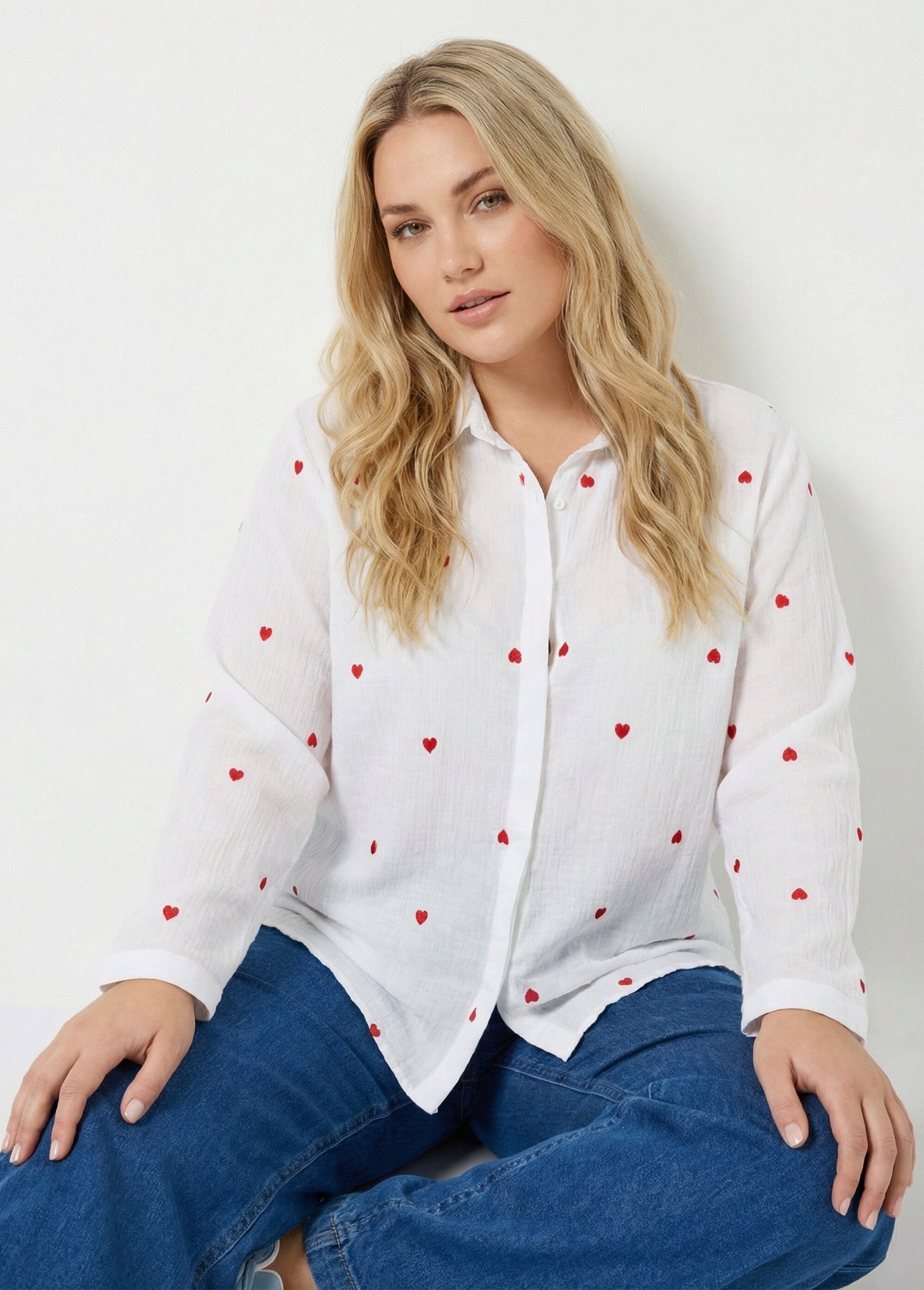 Chemisier cœurs brodés en gaze de coton Femme Grande Taille Rouge MA-008-1114 MV1