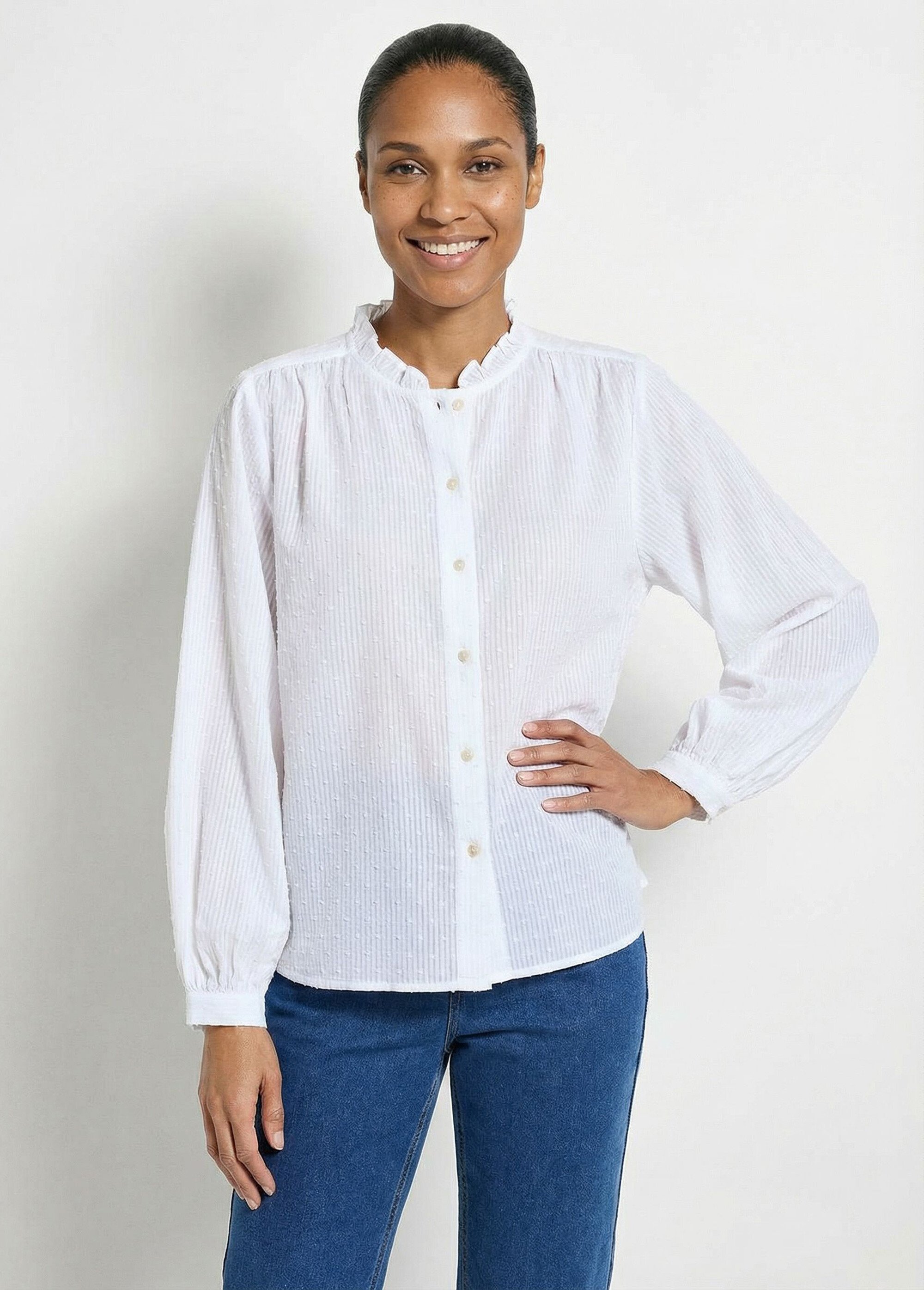 Chemisier col volanté coton plumetis rayé Femme Blanc CALIORA FA1