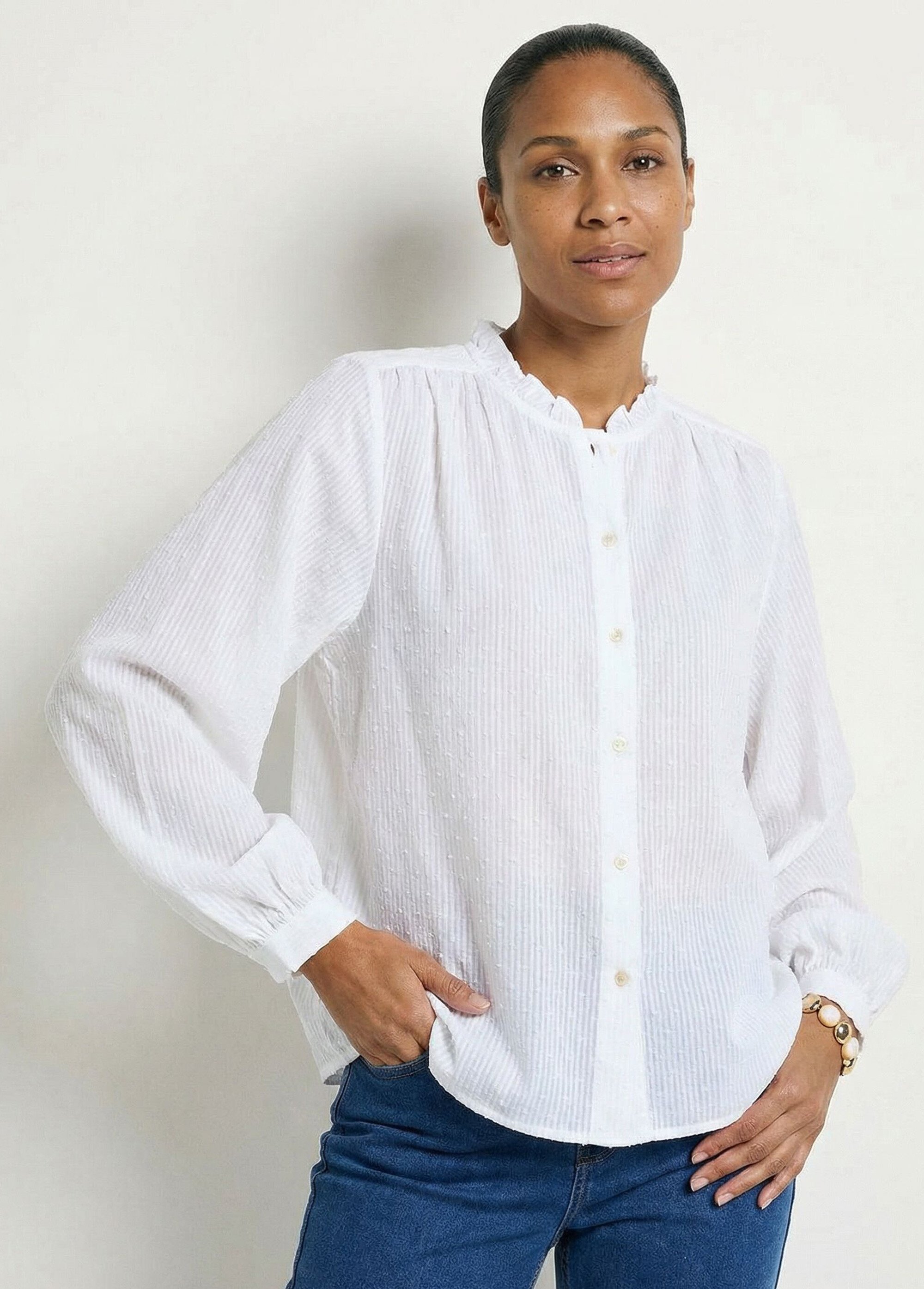 Chemisier col volanté coton plumetis rayé Femme Blanc CALIORA MV1