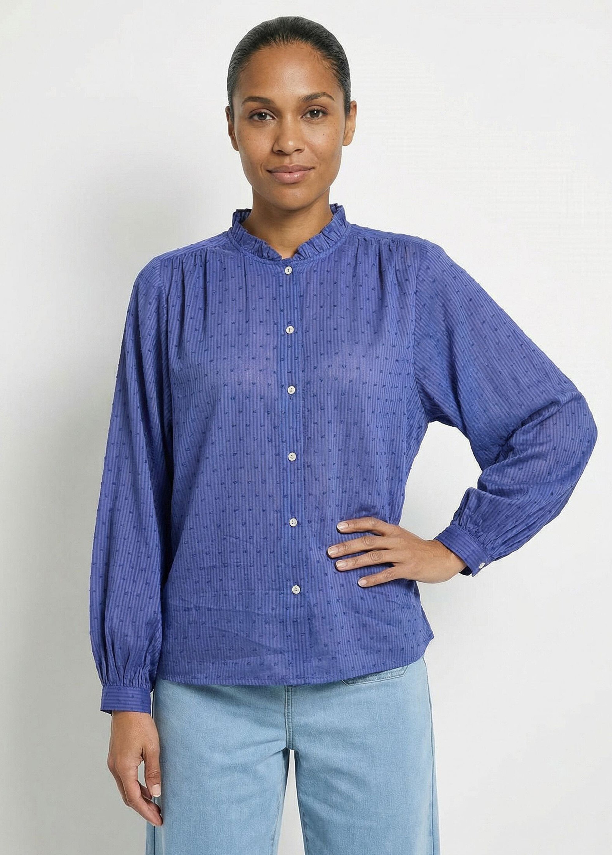 Chemisier col volanté coton plumetis rayé Femme Bleu CALIORA FA1