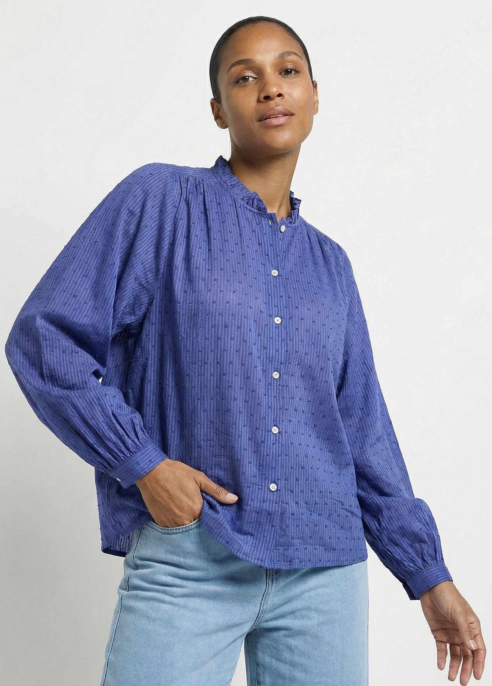 Chemisier col volanté coton plumetis rayé Femme Bleu CALIORA MV1