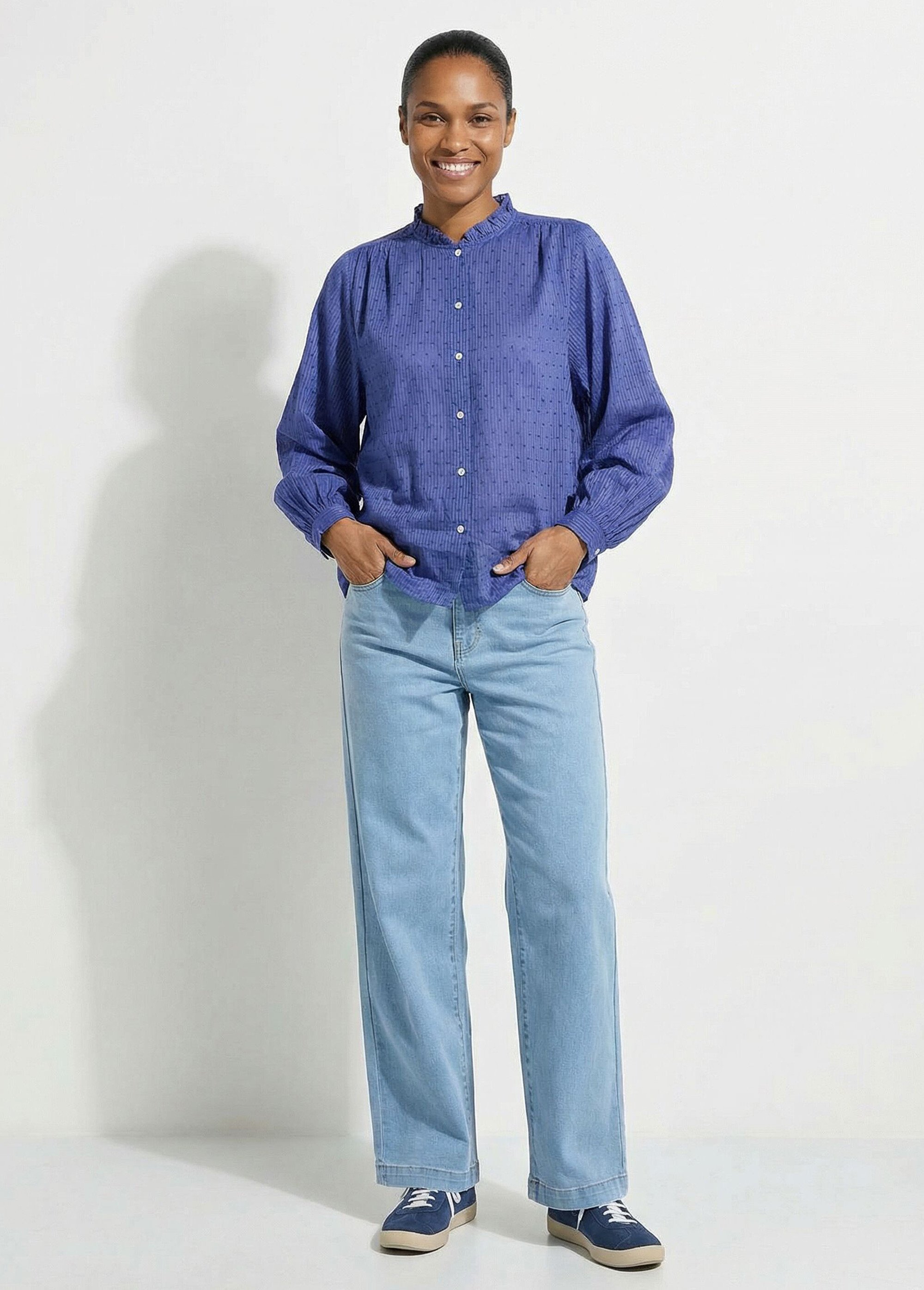 Chemisier col volanté coton plumetis rayé Femme Bleu CALIORA SF1