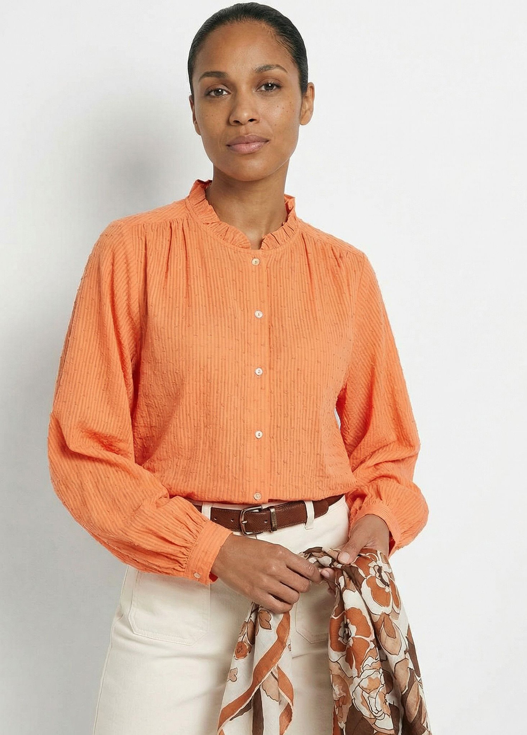 Chemisier col volanté coton plumetis rayé Femme Orange CALIORA MV1