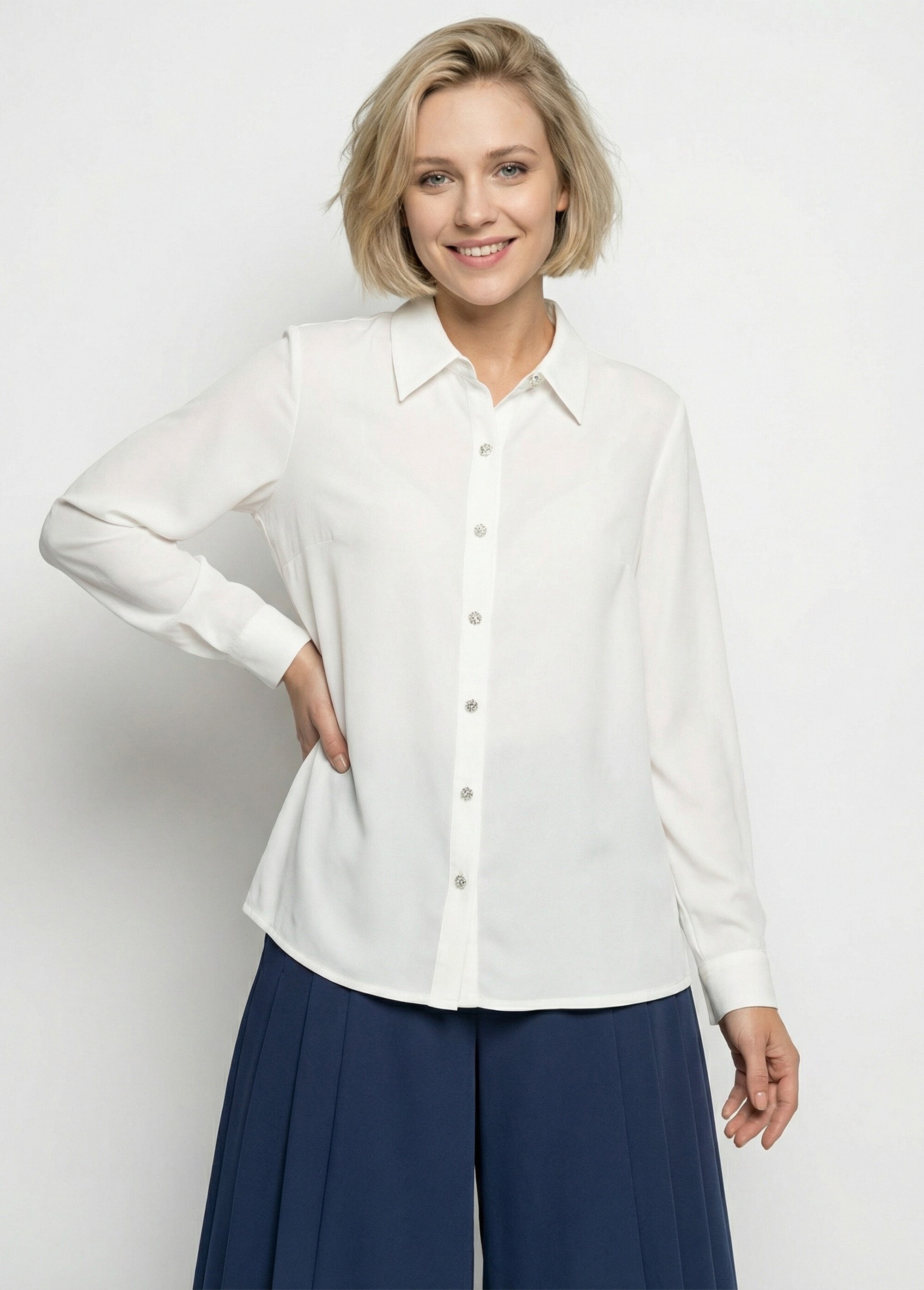 Chemisier fluide uni plissé boutons strass Femme Beige CALIANE FA1