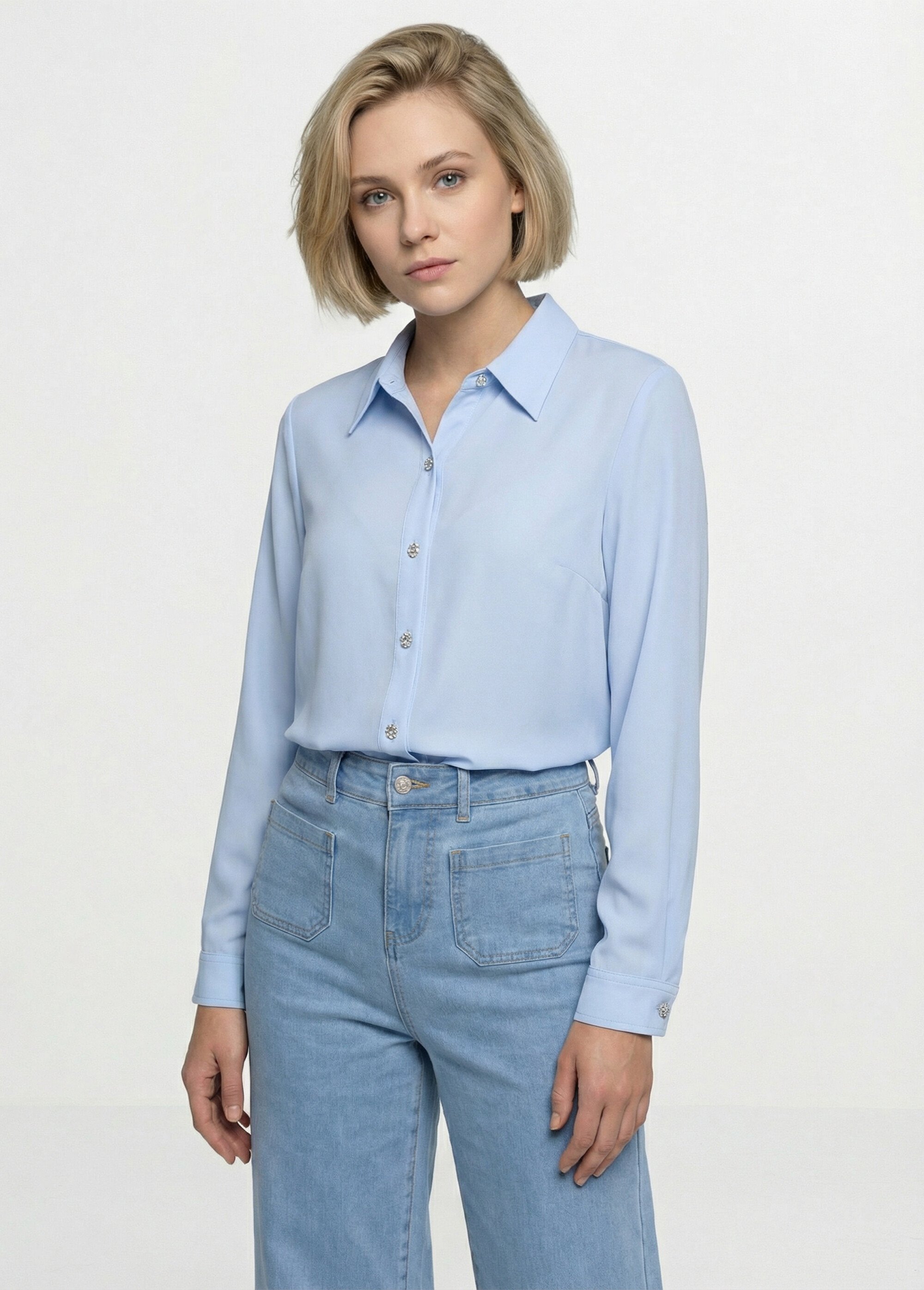 Chemisier fluide uni plissé boutons strass Femme BLEU CIEL CALIANE FA1