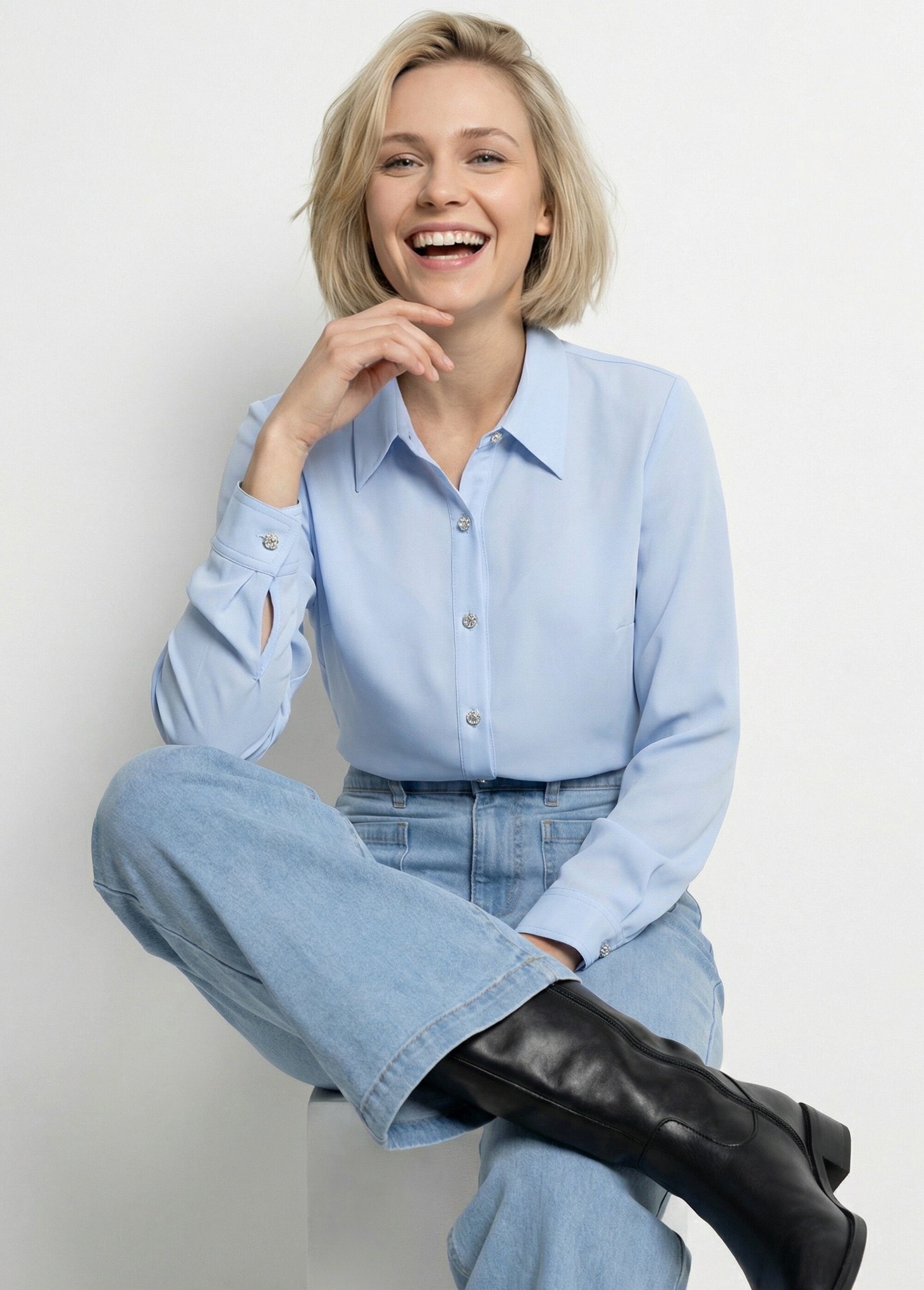 Chemisier fluide uni plissé boutons strass Femme BLEU CIEL CALIANE MV1