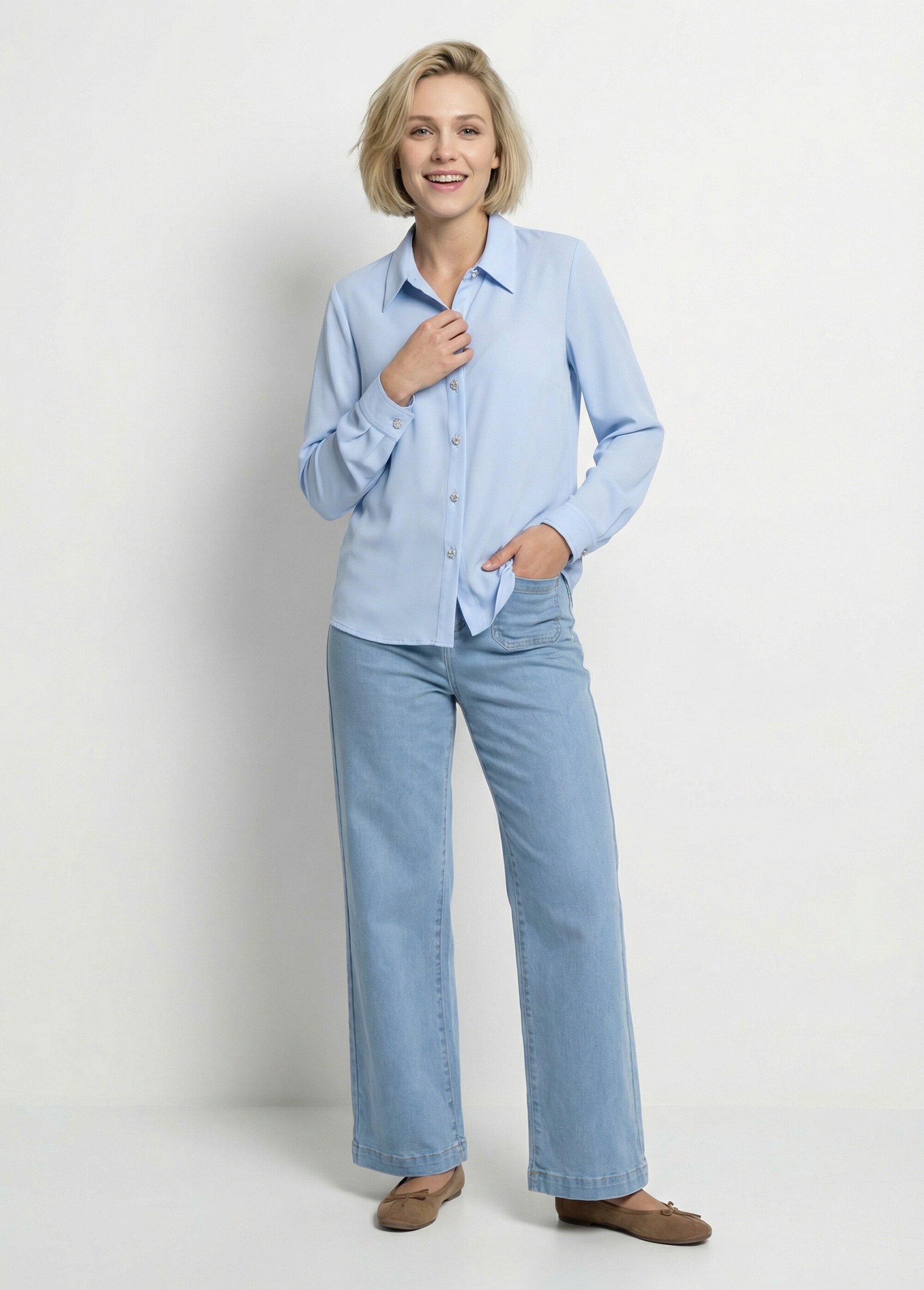 Chemisier fluide uni plissé boutons strass Femme BLEU CIEL CALIANE SF1