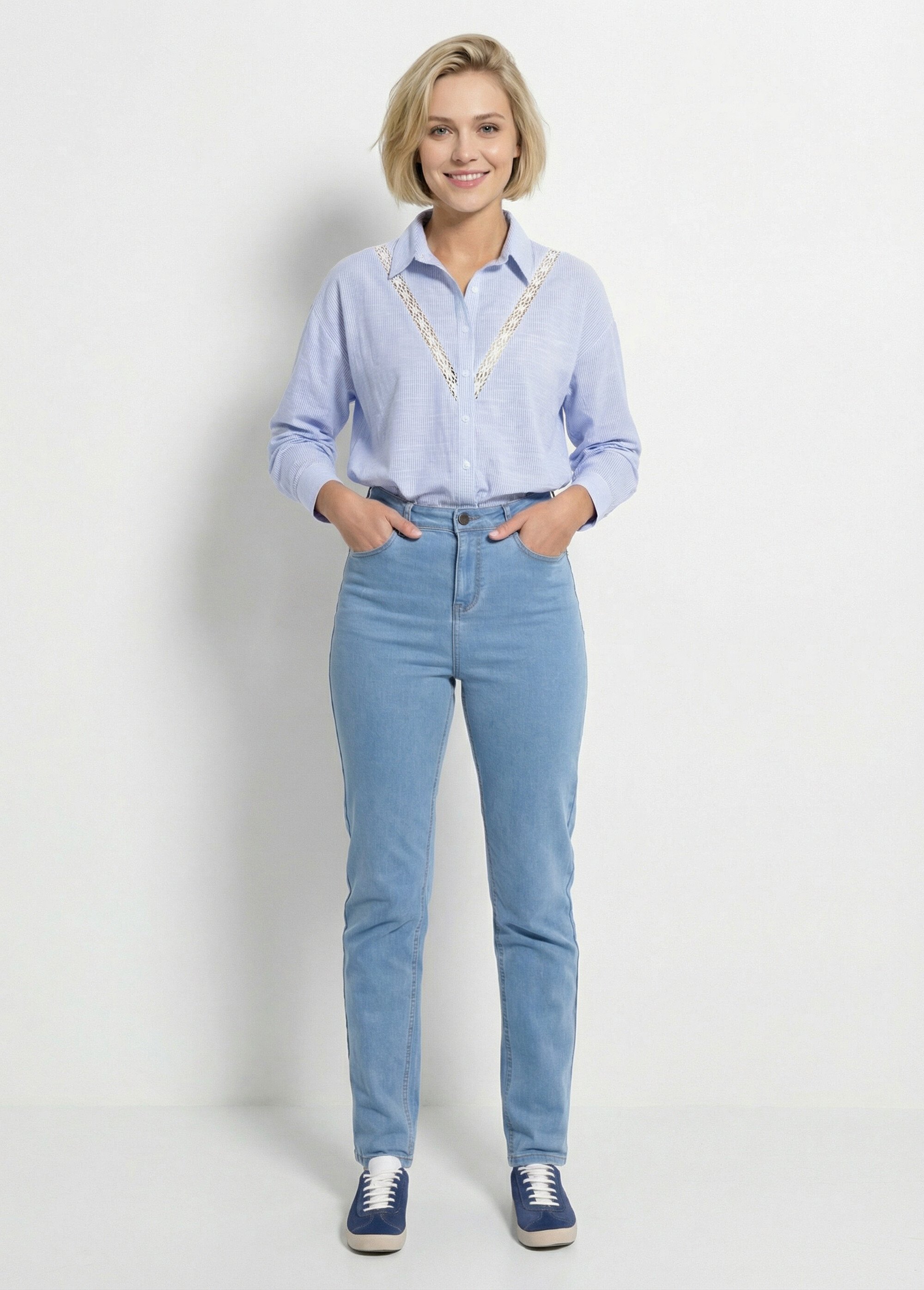 Chemisier rayé long boutonné avec dentelle Femme Bleu CORYA SF1