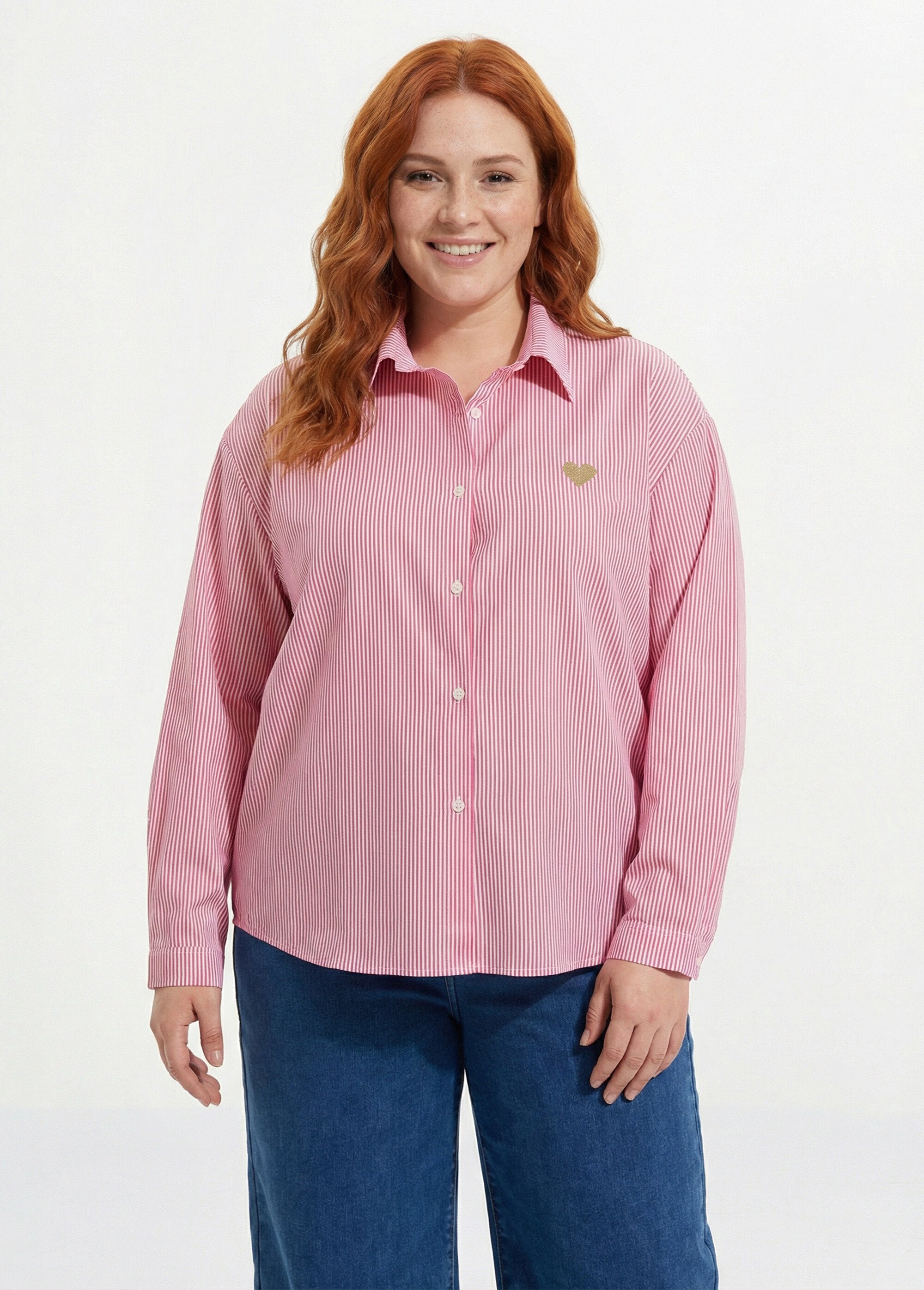 Chemisier rayé coton, broderie cœur Femme Grande Taille Rouge MA-M1050-1251 FA1