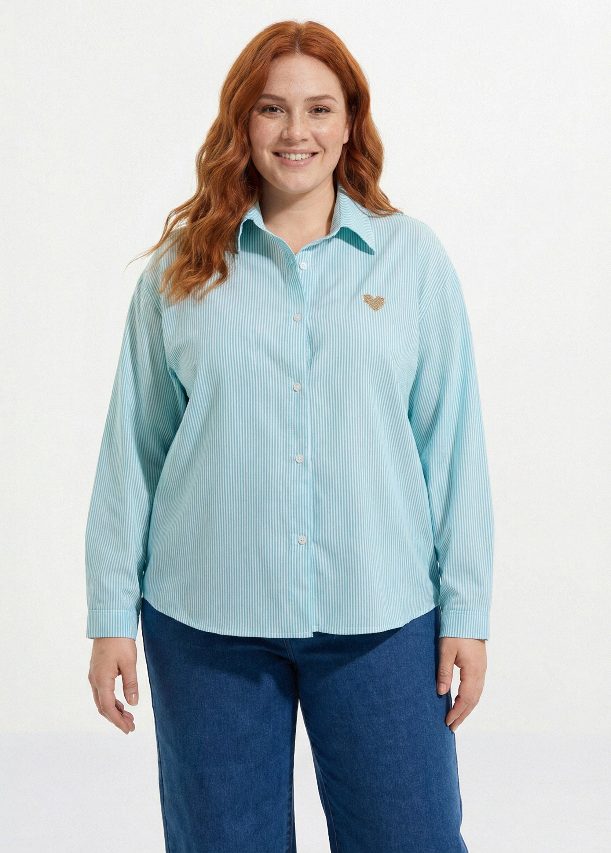 Chemisier rayé coton, broderie cœur Femme Grande Taille Vert MA-M1050-1251 FA1
