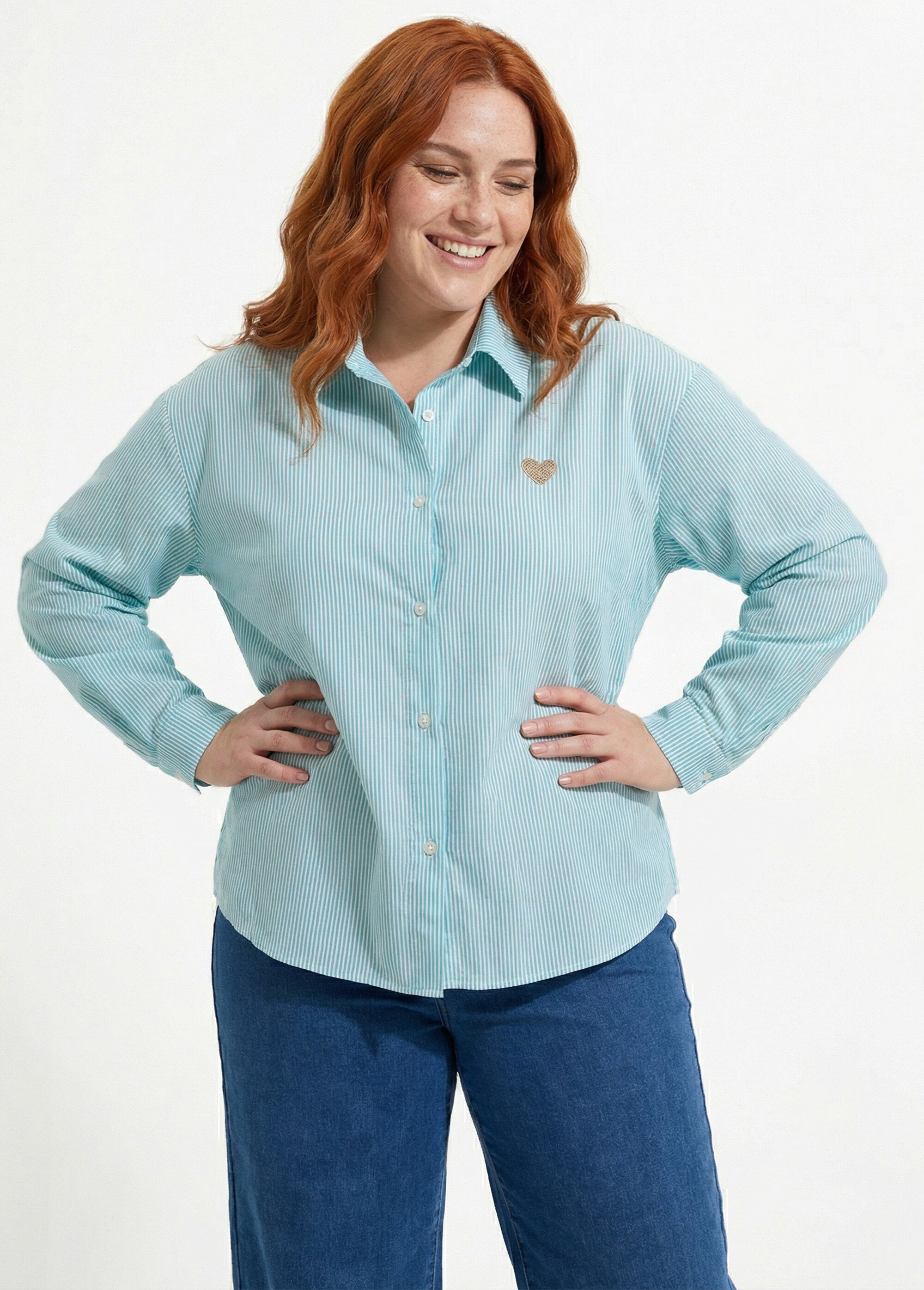 Chemisier rayé coton, broderie cœur Femme Grande Taille Vert MA-M1050-1251 MV1