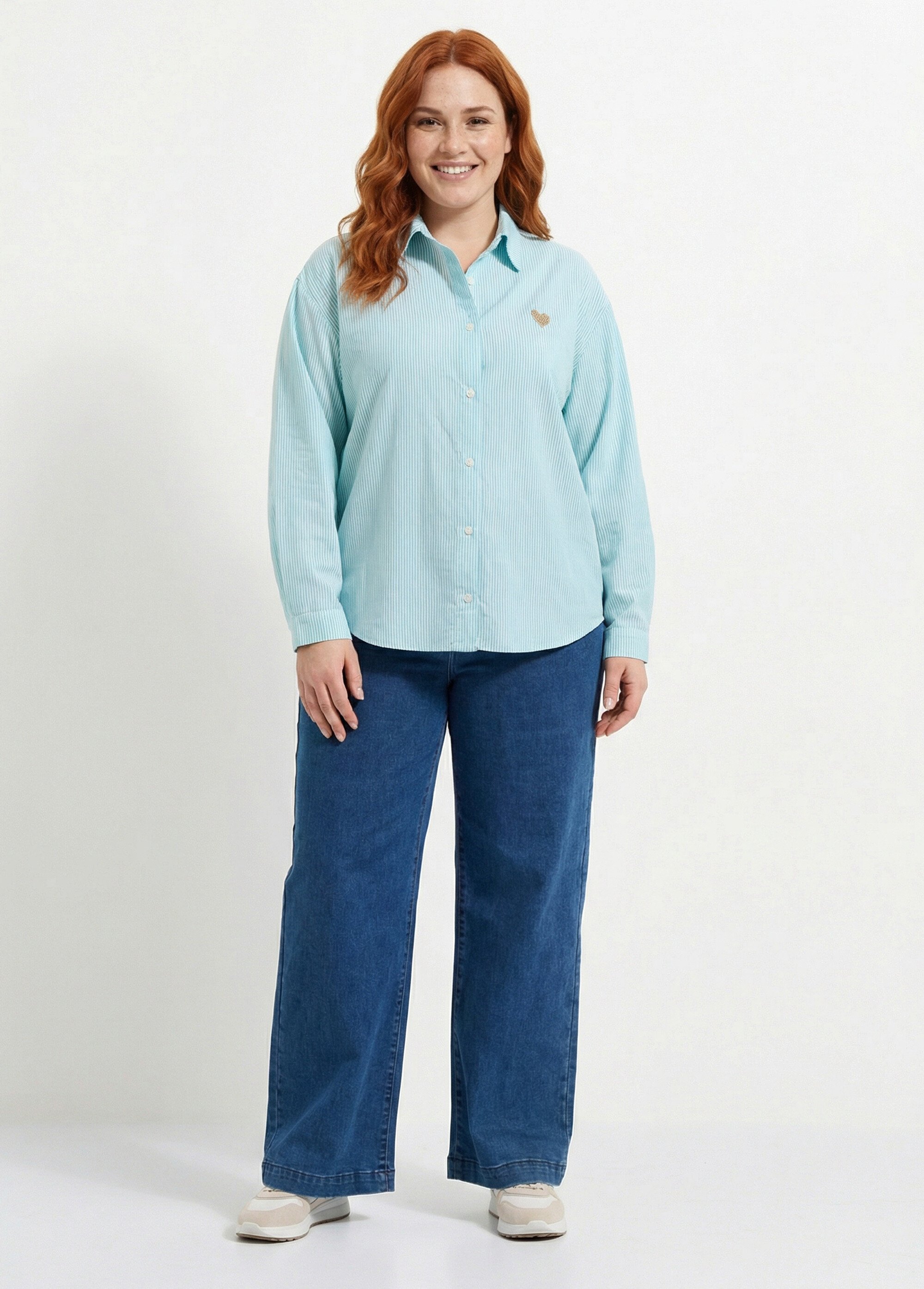 Chemisier rayé coton, broderie cœur Femme Grande Taille Vert MA-M1050-1251 SF1