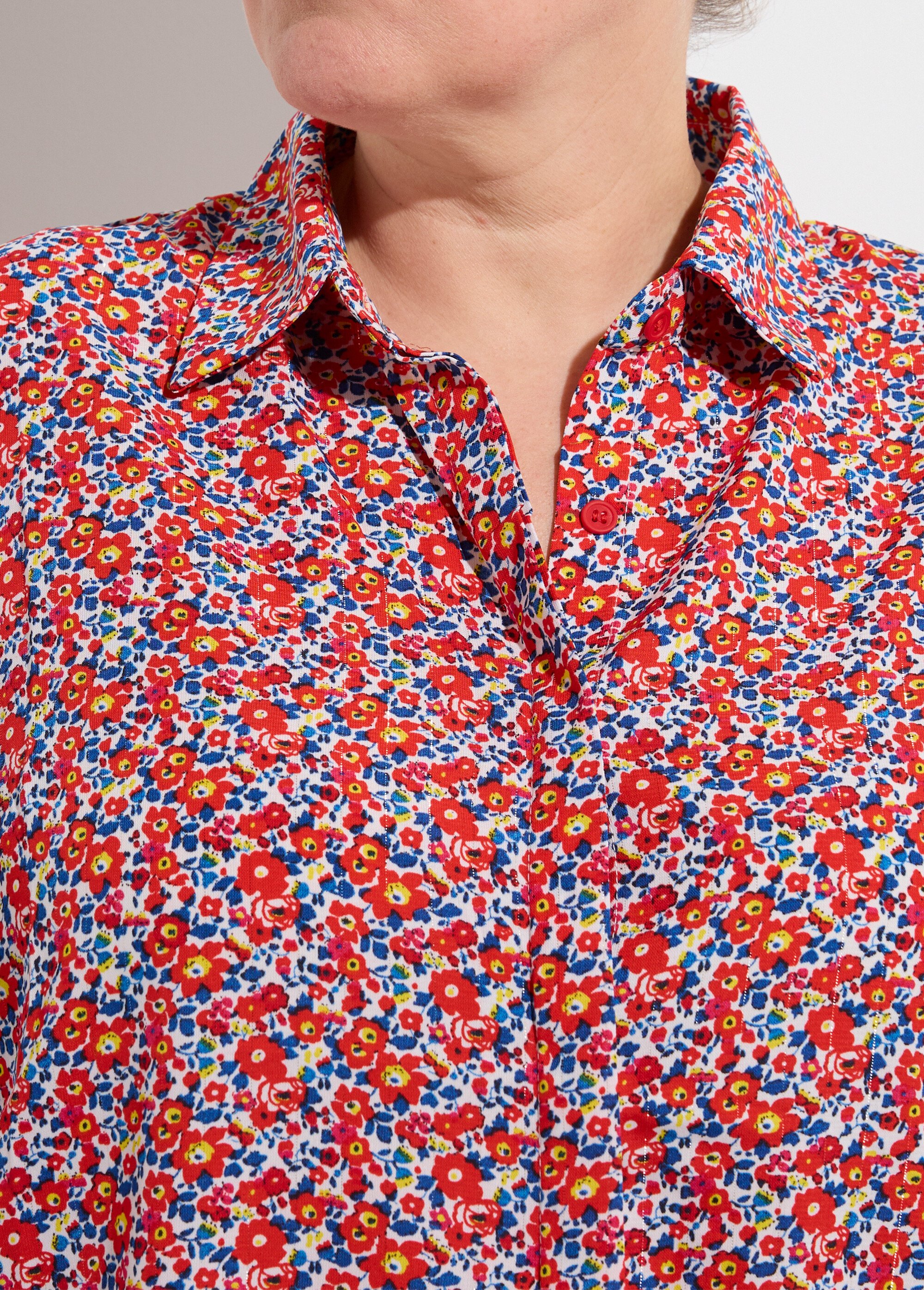 Chemisier petites fleurs manches longues Femme Grande Taille Rouge MA-008-314 DE1