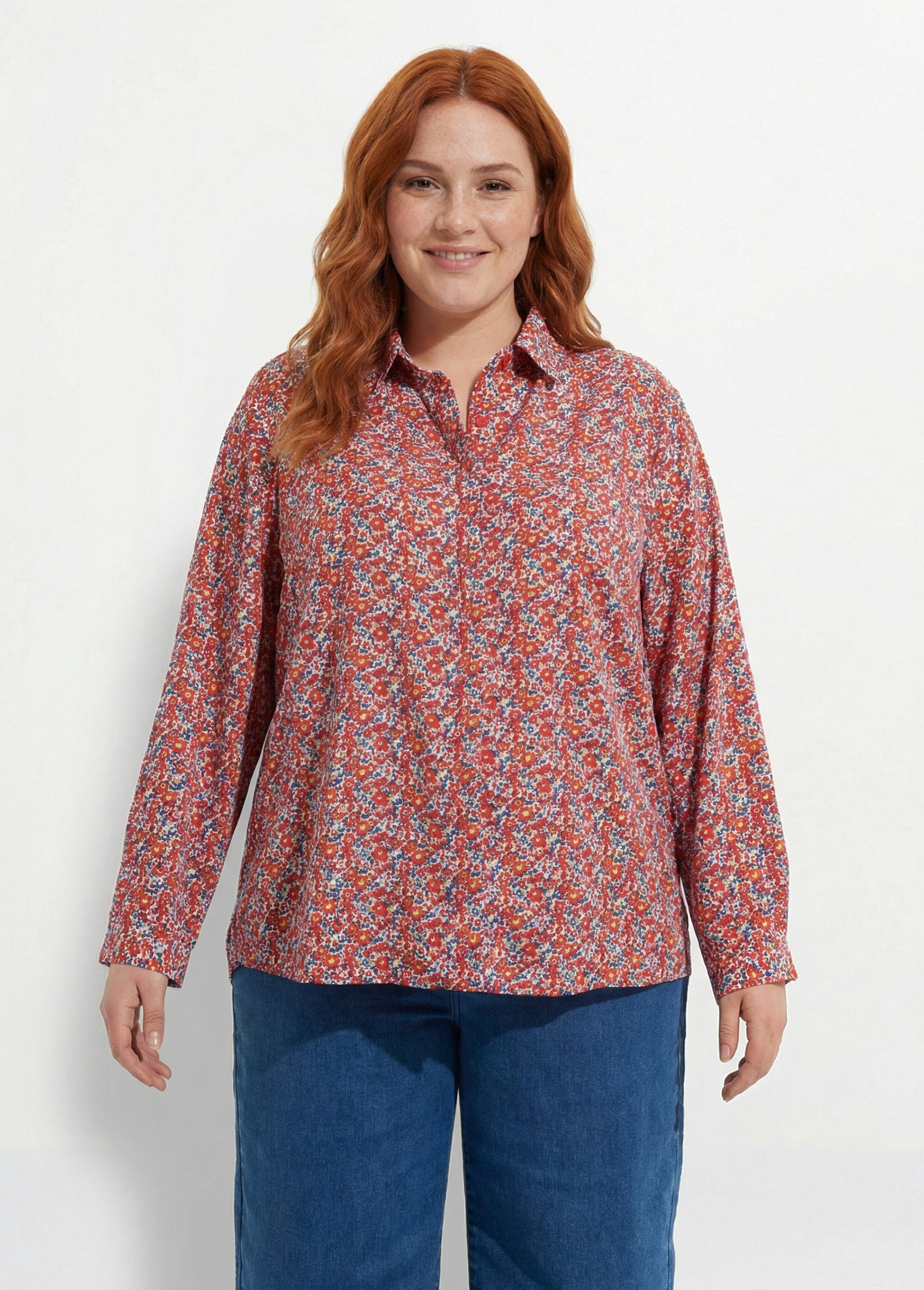 Chemisier petites fleurs manches longues Femme Grande Taille Rouge MA-008-314 FA1