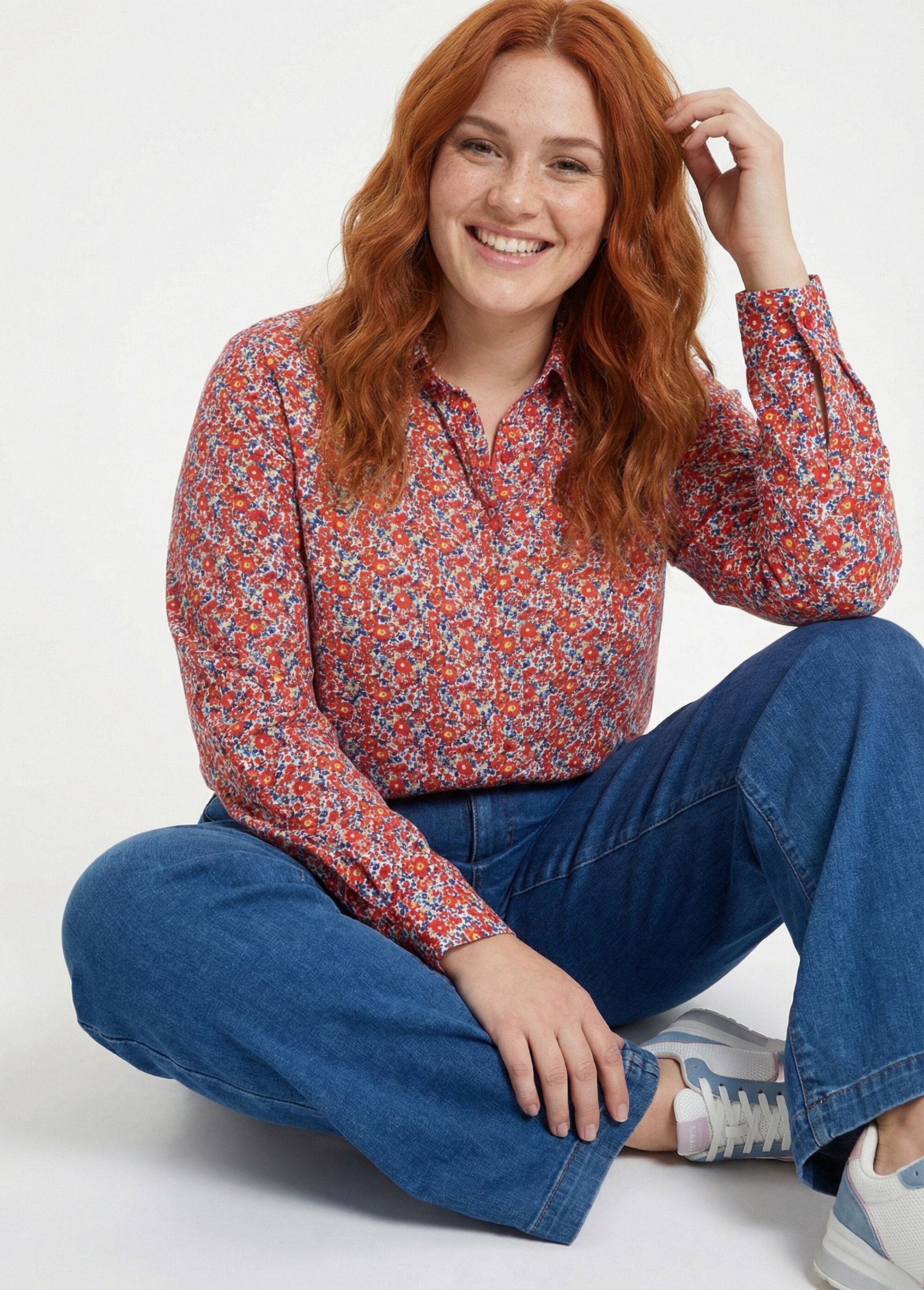 Chemisier petites fleurs manches longues Femme Grande Taille Rouge MA-008-314 MV1