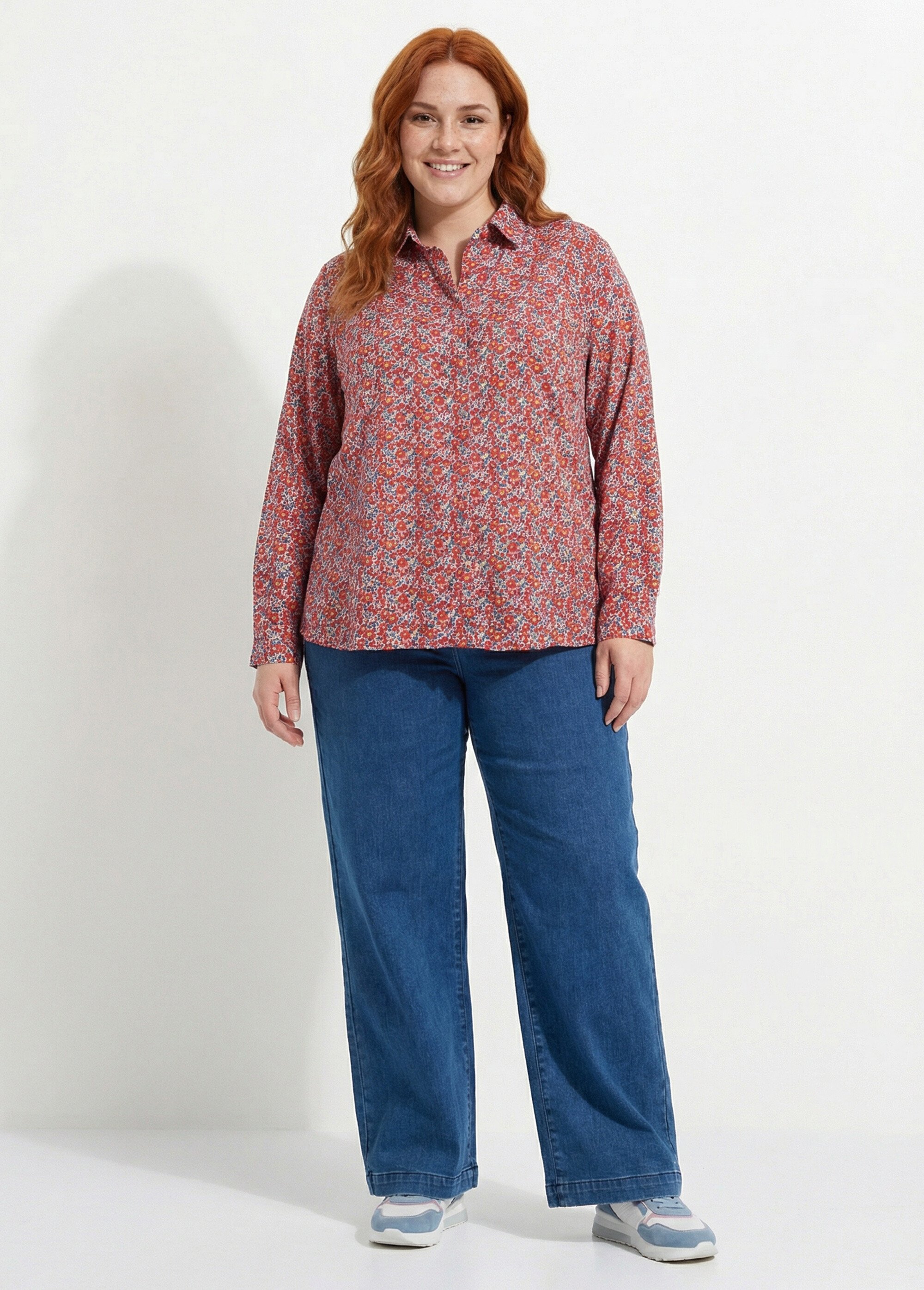 Chemisier petites fleurs manches longues Femme Grande Taille Rouge MA-008-314 SF1