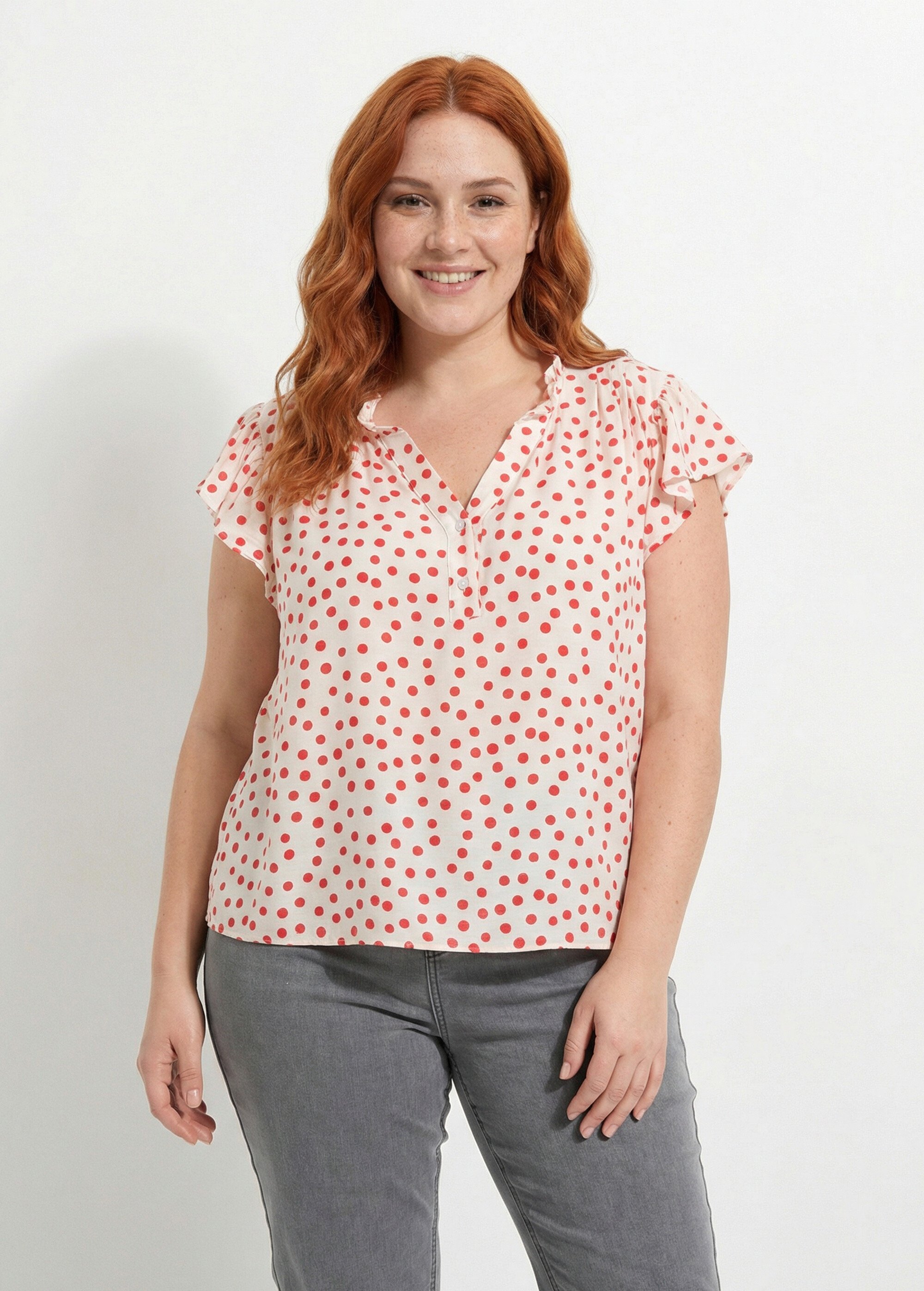 Blouse à pois, volants col et manches Femme Grande Taille Beige MA-M183-1856 FA1