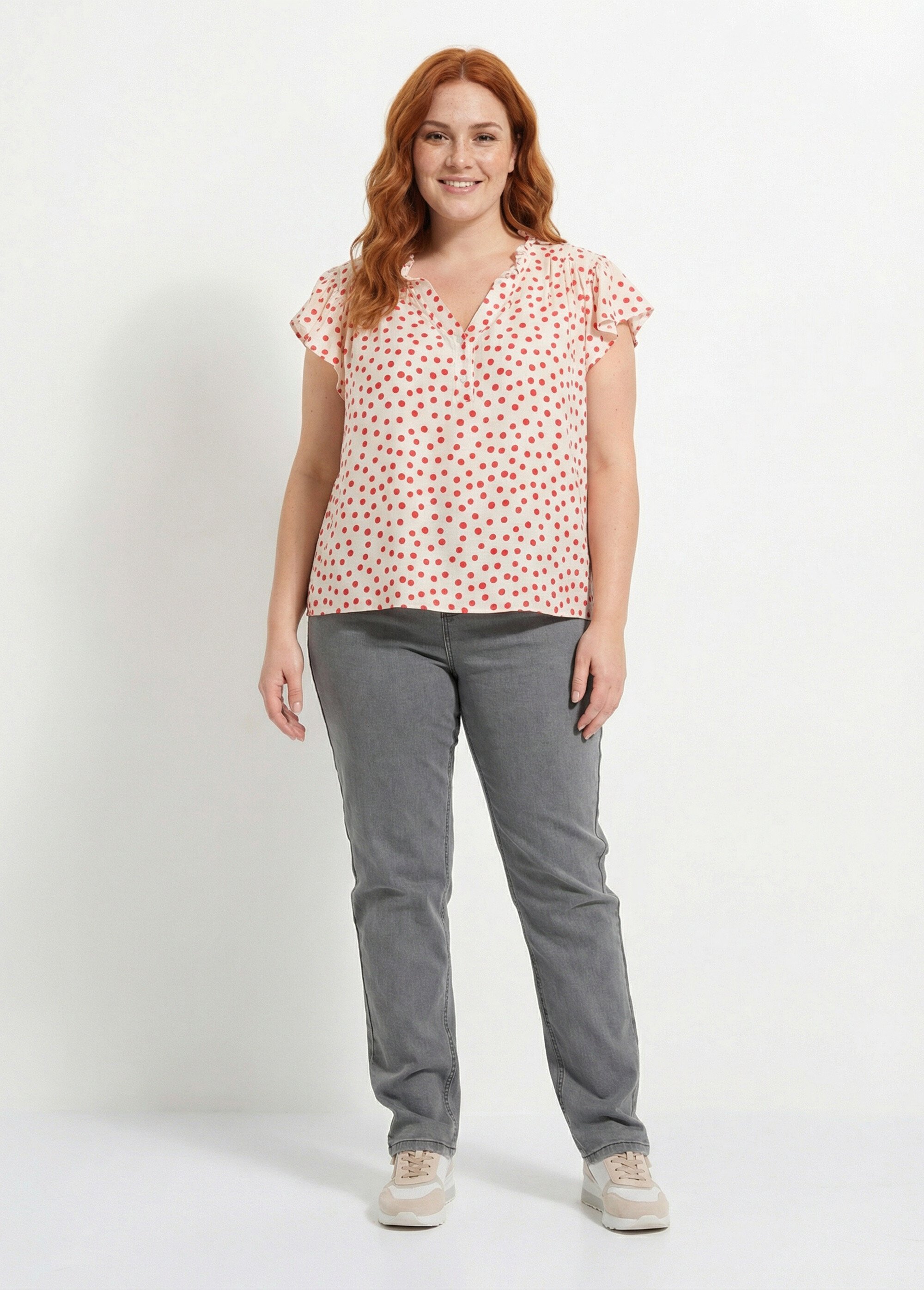 Blouse à pois, volants col et manches Femme Grande Taille Beige MA-M183-1856 SF1