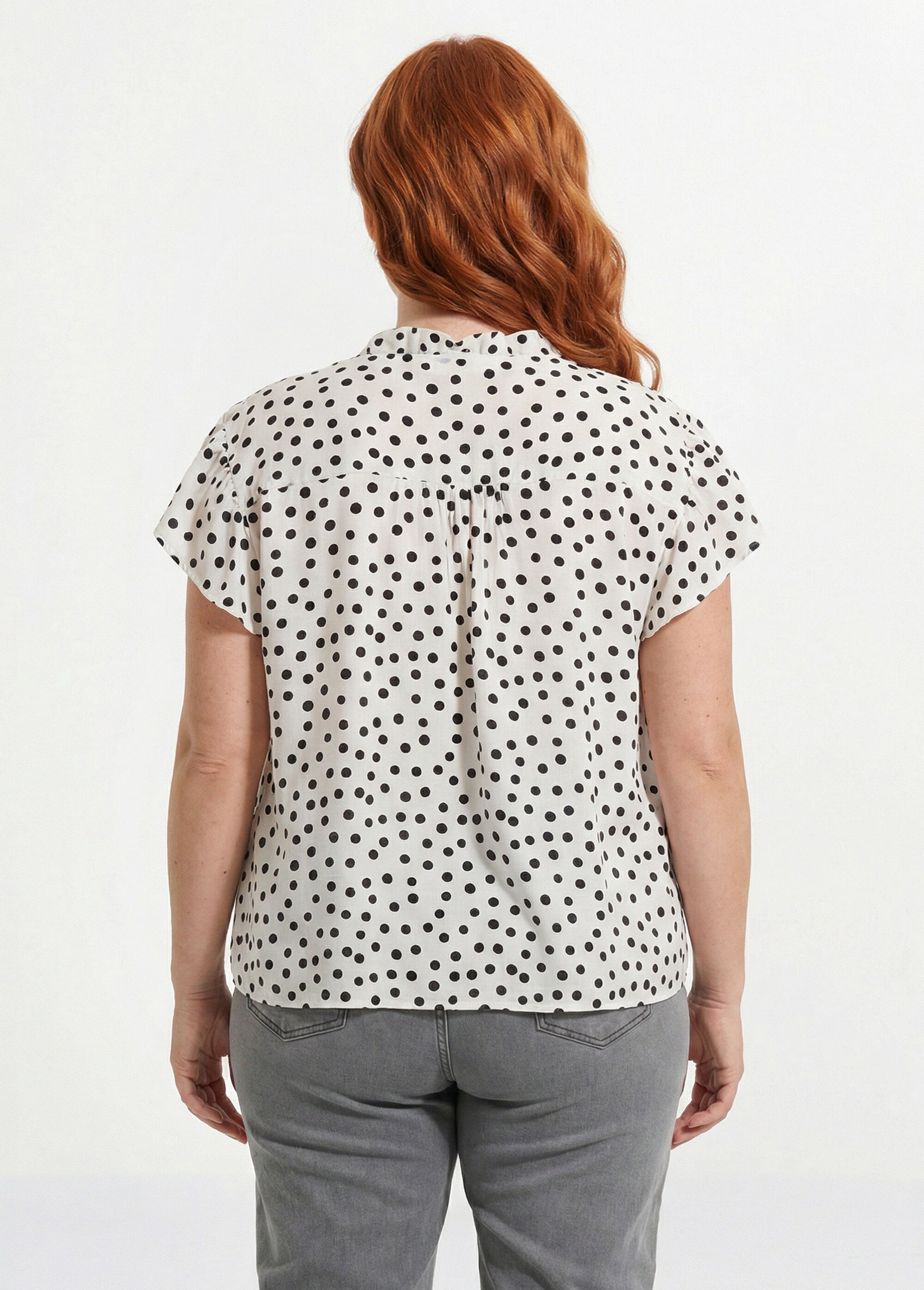 Blouse à pois, volants col et manches Femme Grande Taille Beige MA-M183-1856 DO1