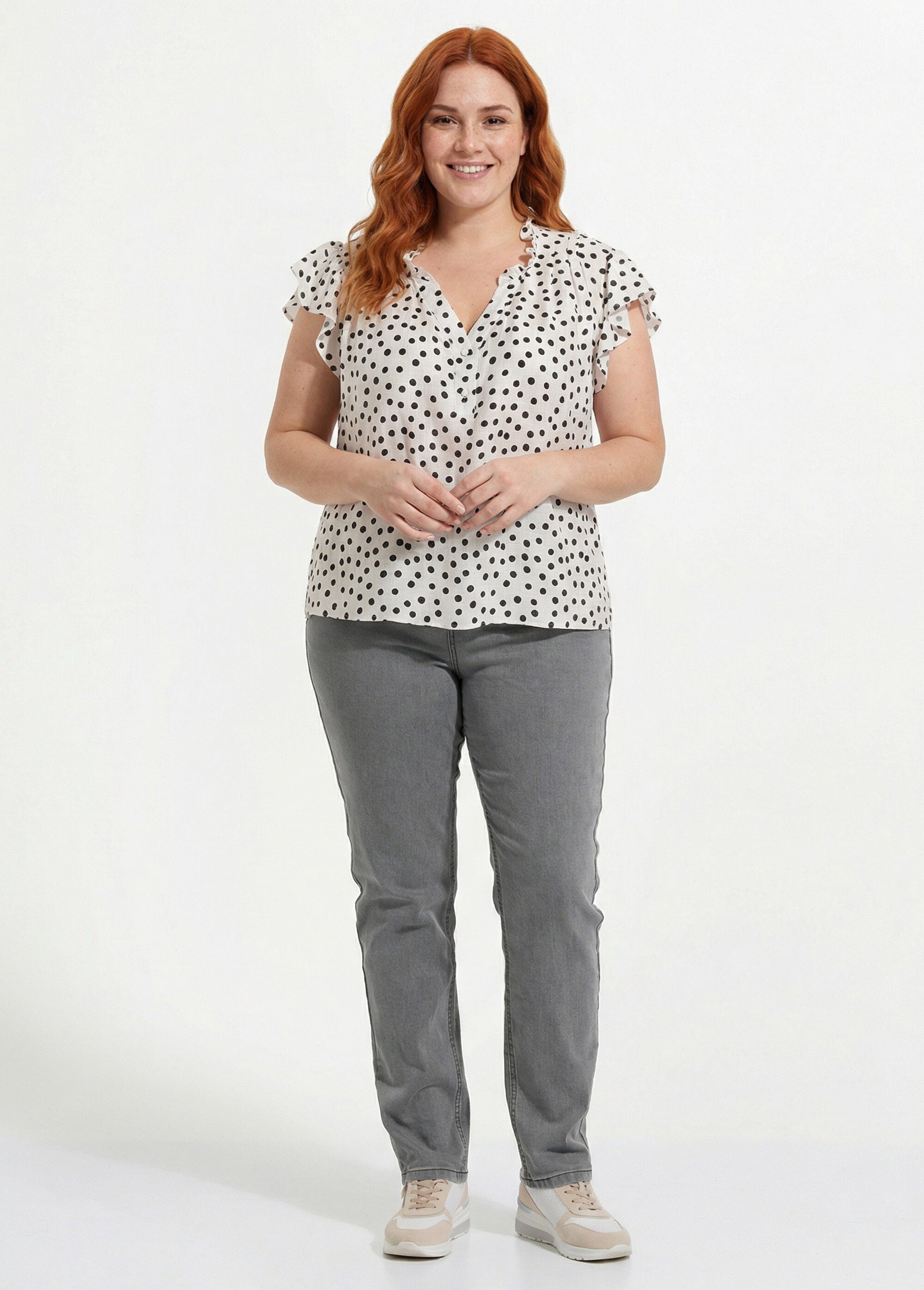 Blouse à pois, volants col et manches Femme Grande Taille Beige MA-M183-1856 SF1