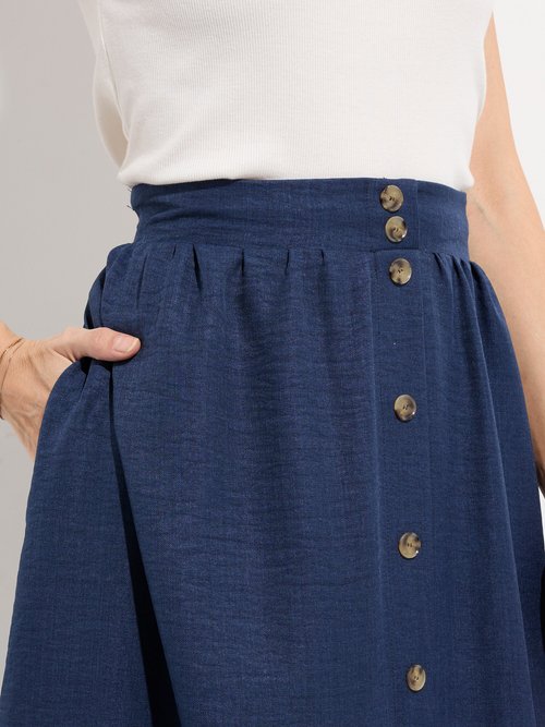 Jupe midi boutonnée évasée faux-uni Femme BLEU NAVY LIORA DE1