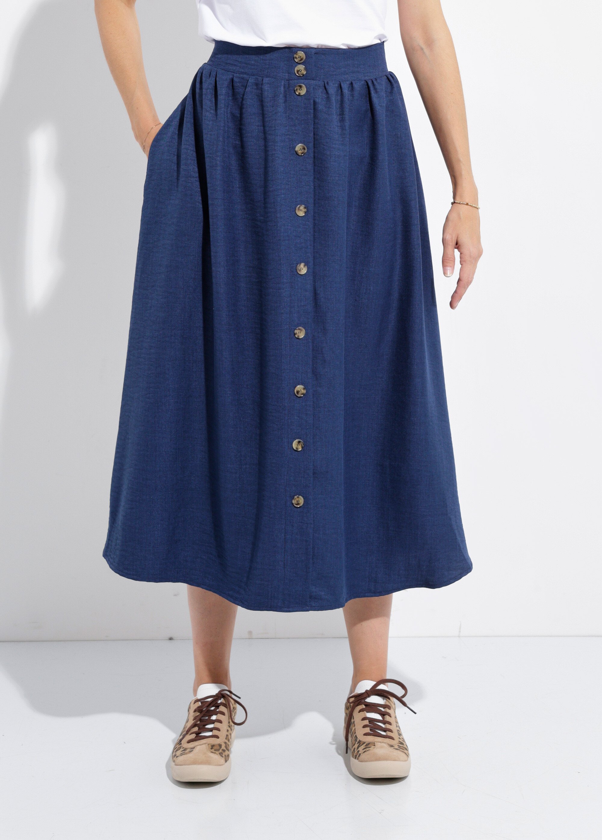 Jupe midi boutonnée évasée faux-uni Femme BLEU NAVY LIORA FA1