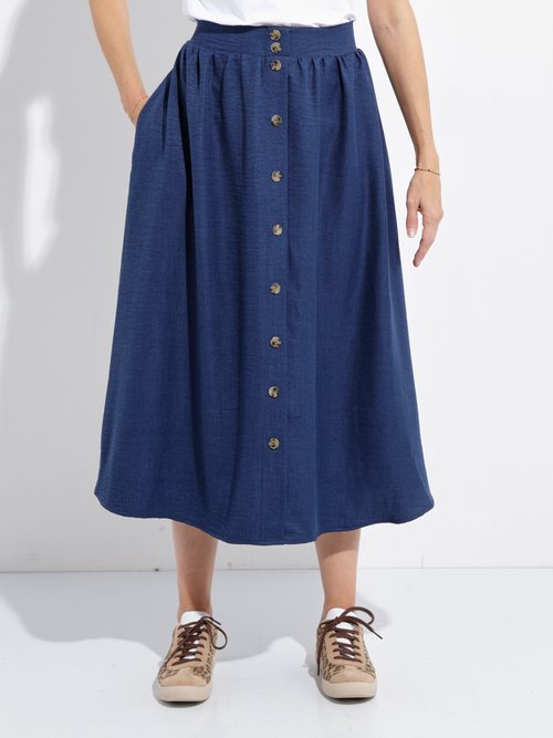 Jupe midi boutonnée évasée faux-uni Femme BLEU NAVY LIORA FA1