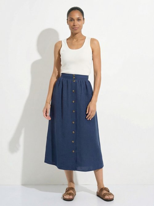 Jupe midi boutonnée évasée faux-uni Femme BLEU NAVY LIORA MV1