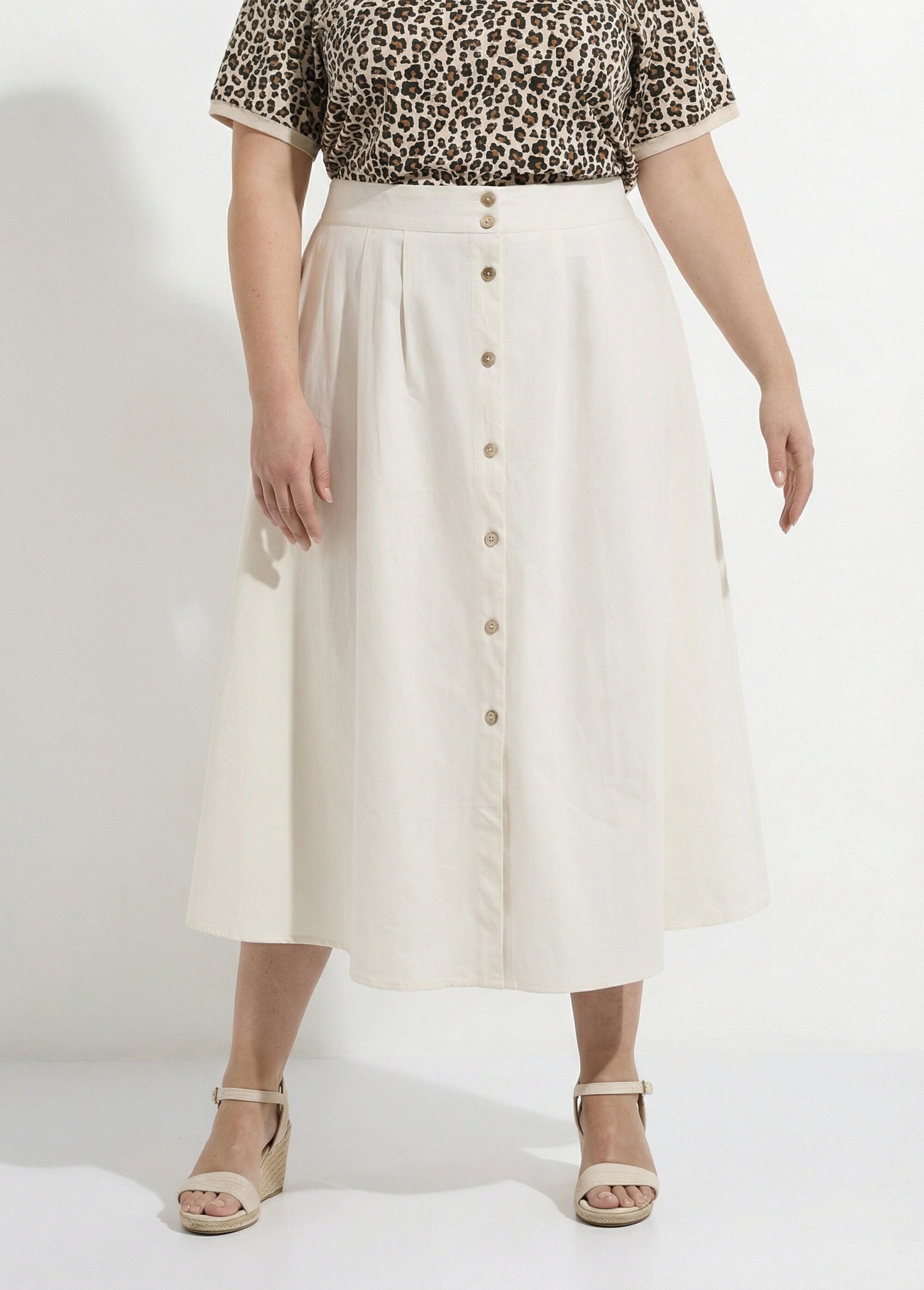 Jupe longue ample boutonnée, en coton Femme Grande Taille Beige MA-621-1855 FA1