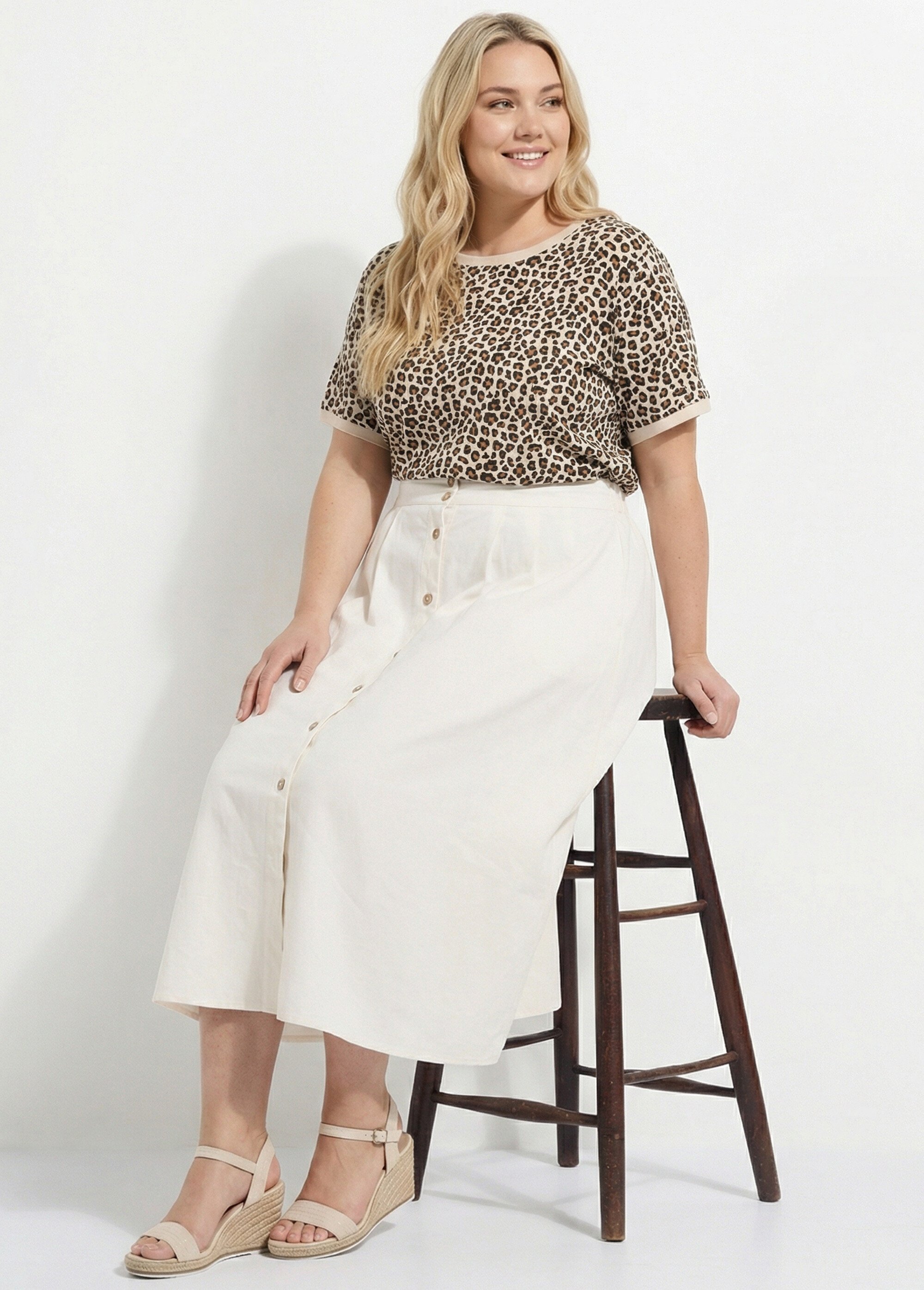 Jupe longue ample boutonnée, en coton Femme Grande Taille Beige MA-621-1855 MV1