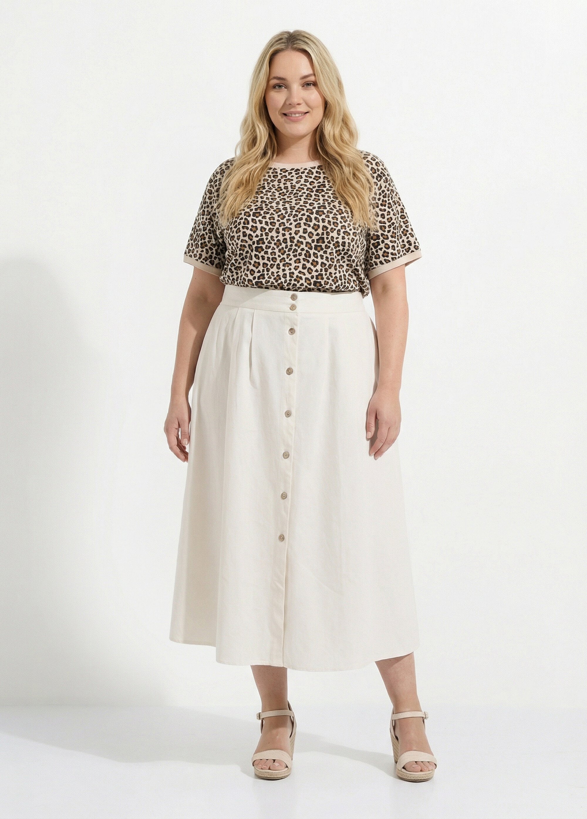 Jupe longue ample boutonnée, en coton Femme Grande Taille Beige MA-621-1855 SF1